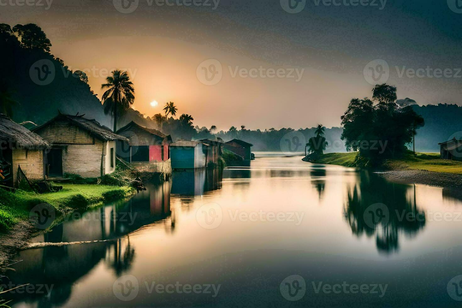 un' fiume nel il mezzo di un' villaggio a tramonto. ai-generato foto