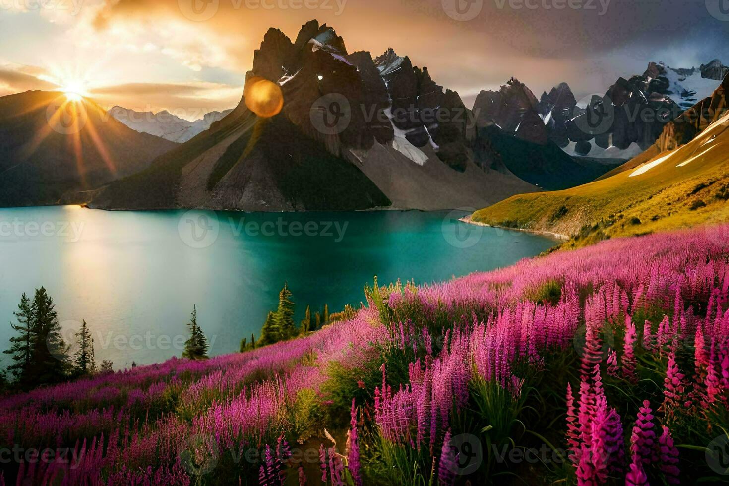 il sole sorge al di sopra di il montagne e lago nel il sfondo. ai-generato foto