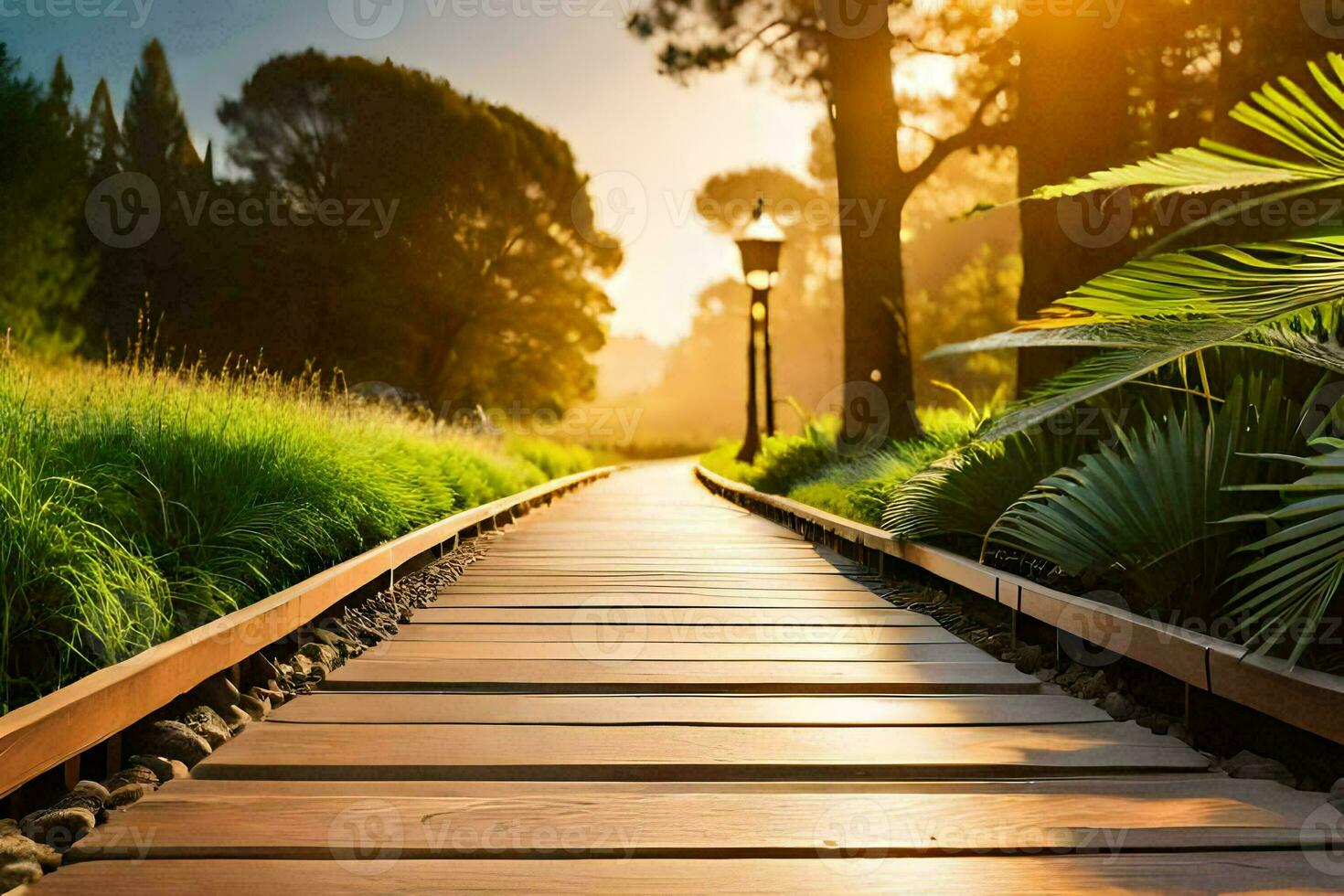 un' di legno sentiero conduce per un' verde campo con alberi. ai-generato foto