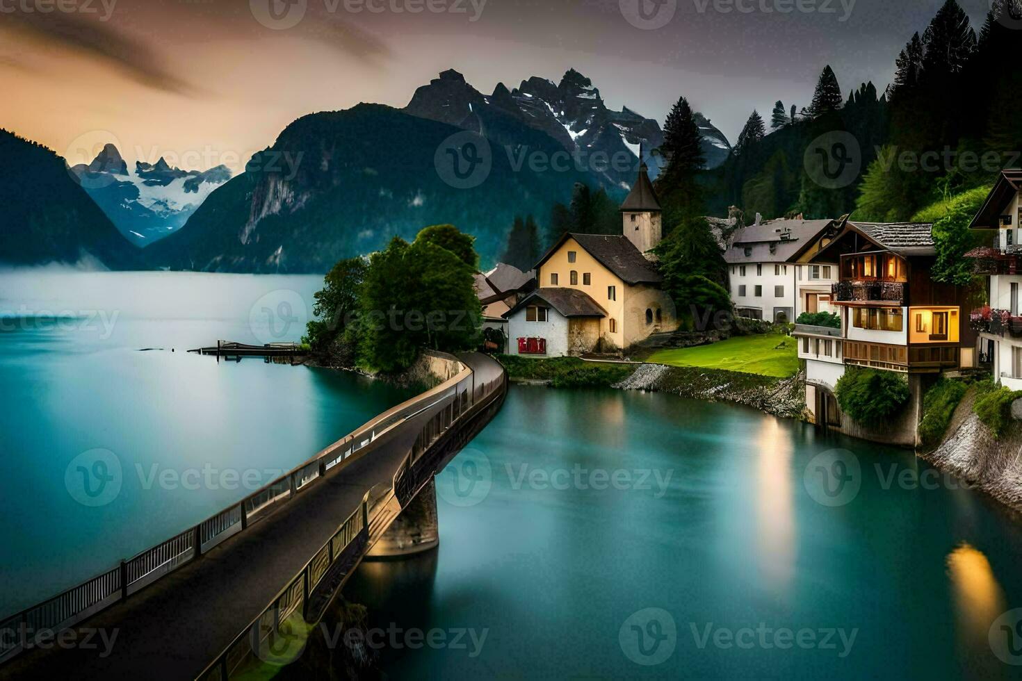 un' bellissimo lago e montagna villaggio nel il montagne. ai-generato foto