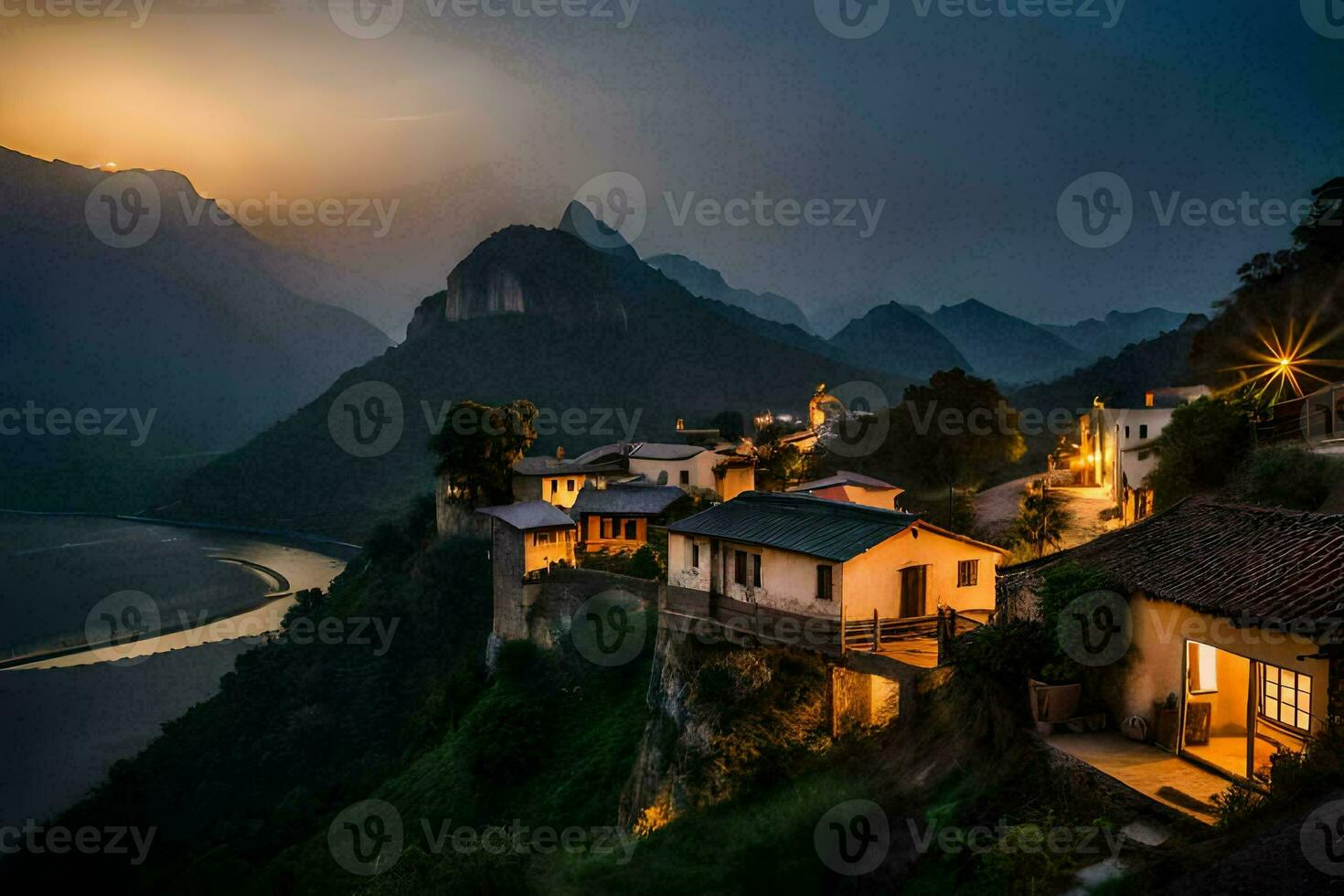 foto sfondo il cielo, montagne, Cina, il notte, il montagne, il villaggio,. ai-generato