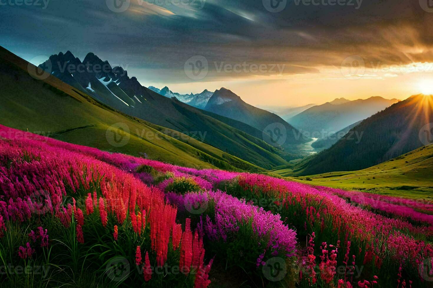 il sole sorge al di sopra di il montagne e fiori nel il primo piano. ai-generato foto