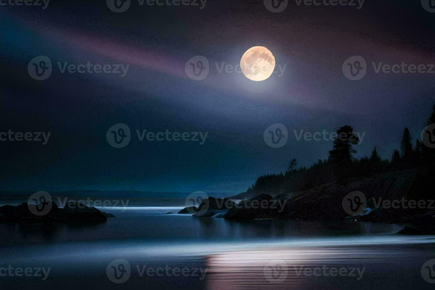 un' pieno Luna sorge al di sopra di il oceano a notte. ai-generato foto