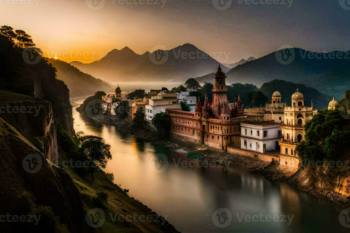 il sole imposta al di sopra di un' fiume nel India. ai-generato foto