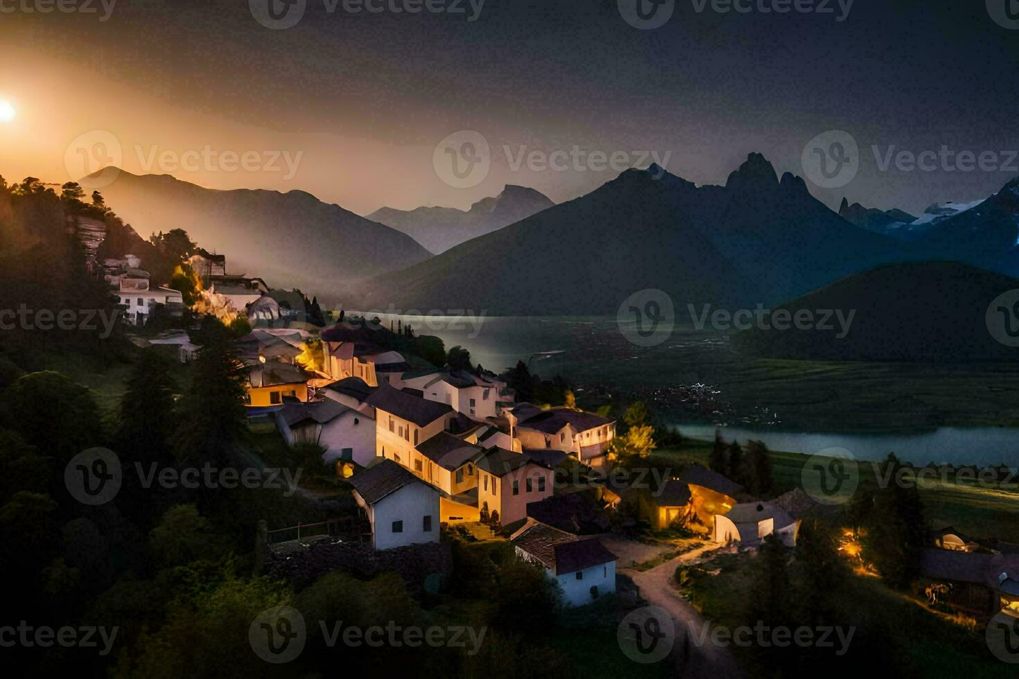 un' villaggio nel il montagne a tramonto. ai-generato foto