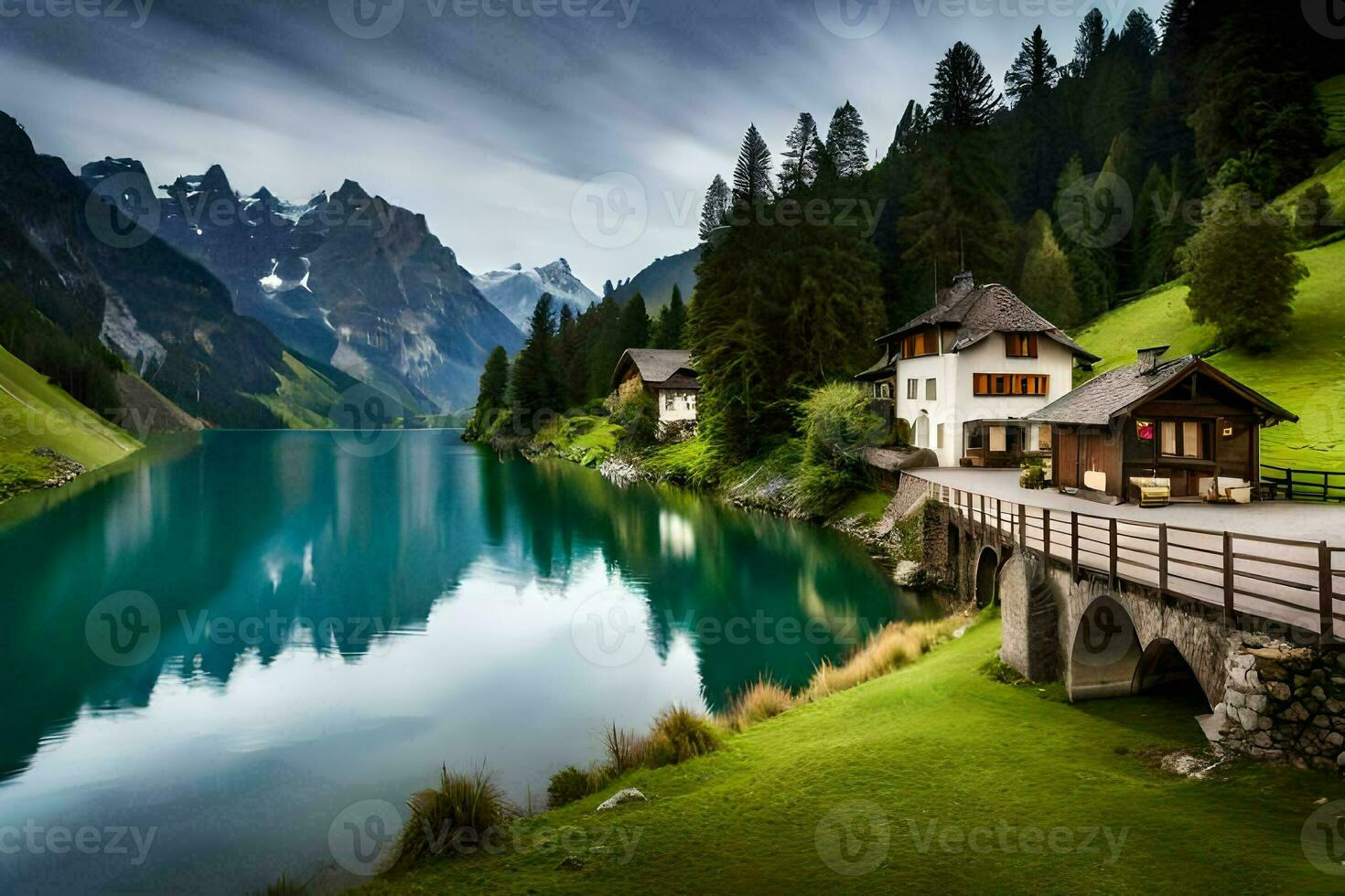 un' lago e un' Casa nel il montagne. ai-generato foto