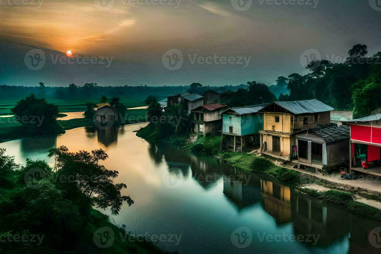 un' fiume nel il mezzo di un' villaggio a tramonto. ai-generato foto