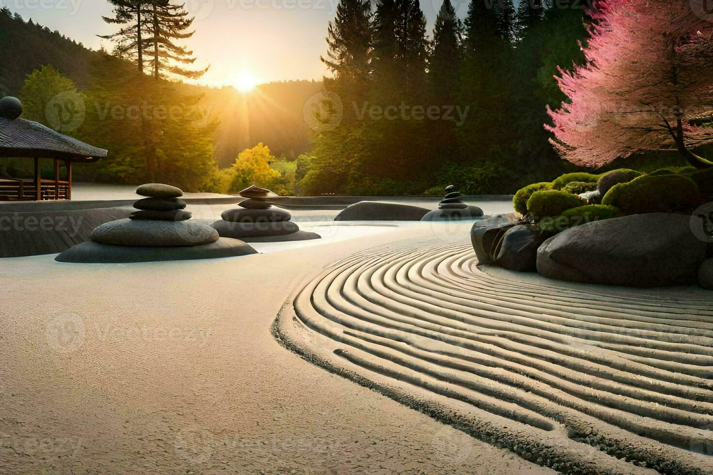 un' zen giardino con rocce e alberi. ai-generato foto