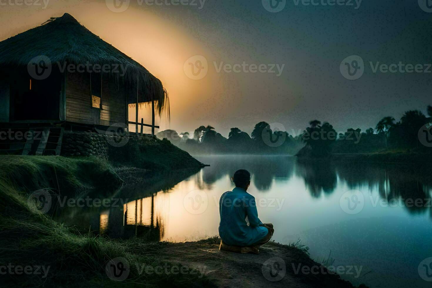 un' uomo medita di il fiume. ai-generato foto