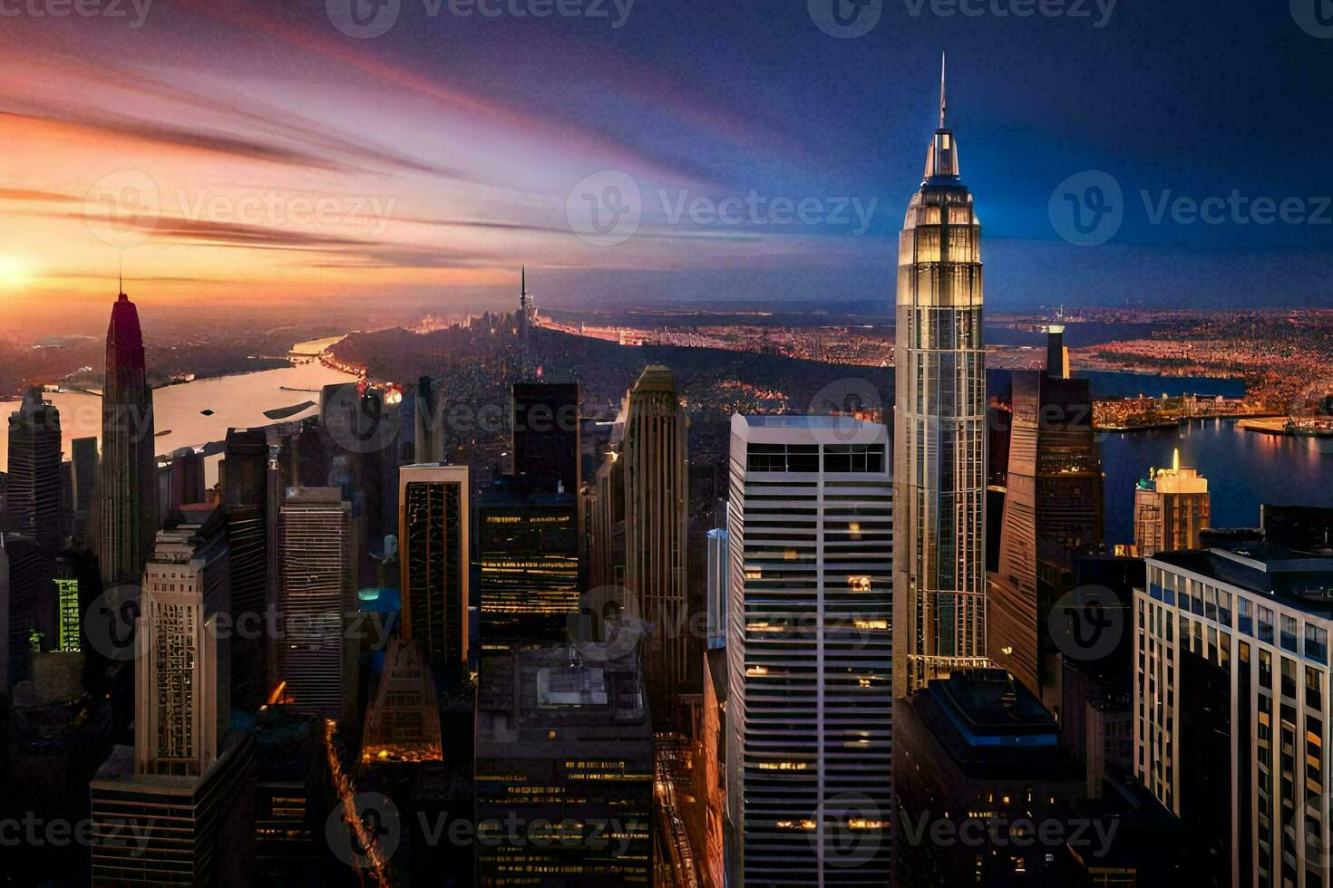 il città orizzonte a tramonto nel nuovo york. ai-generato foto