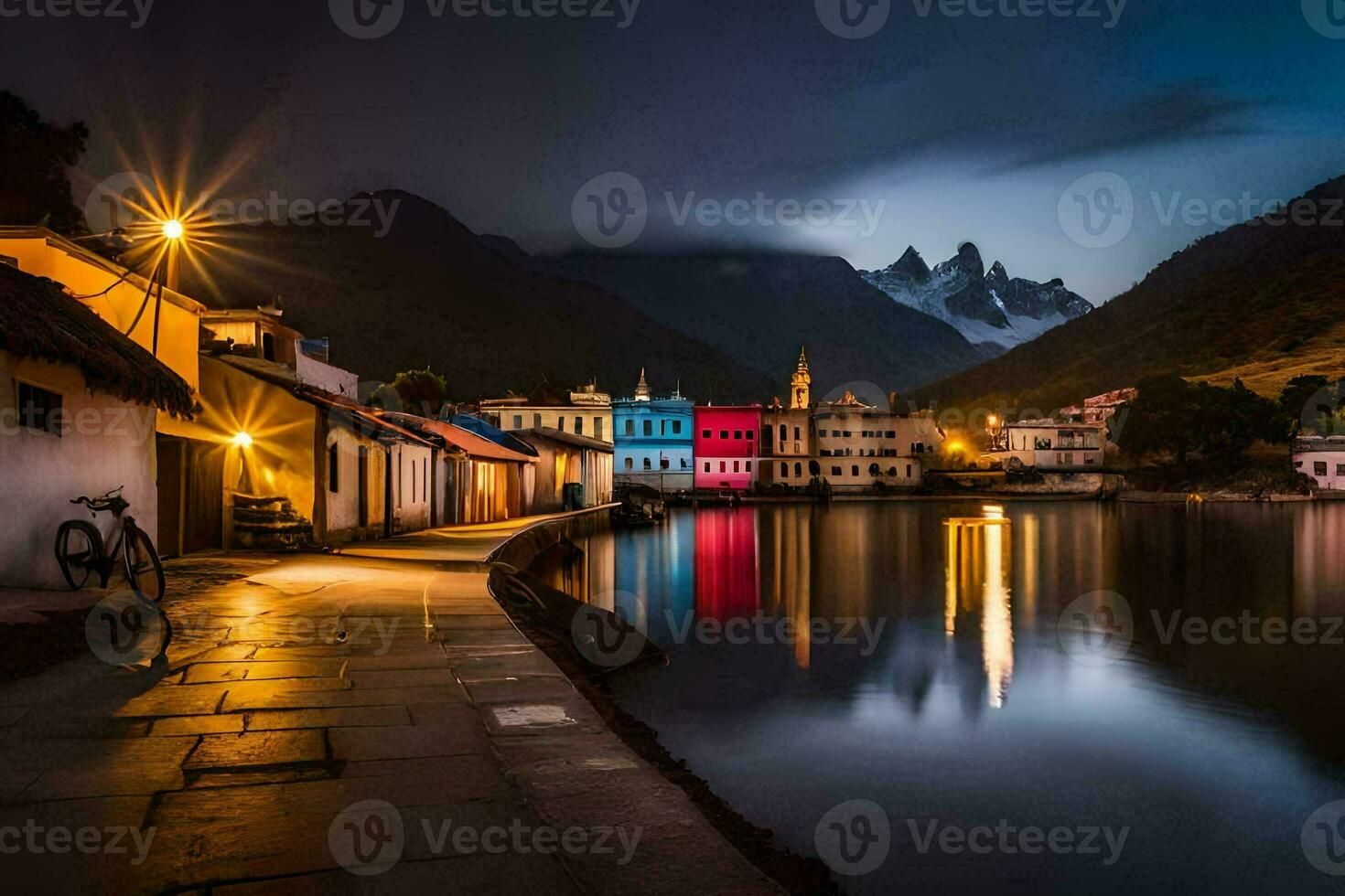 un' lago e un' riga di colorato case a notte. ai-generato foto