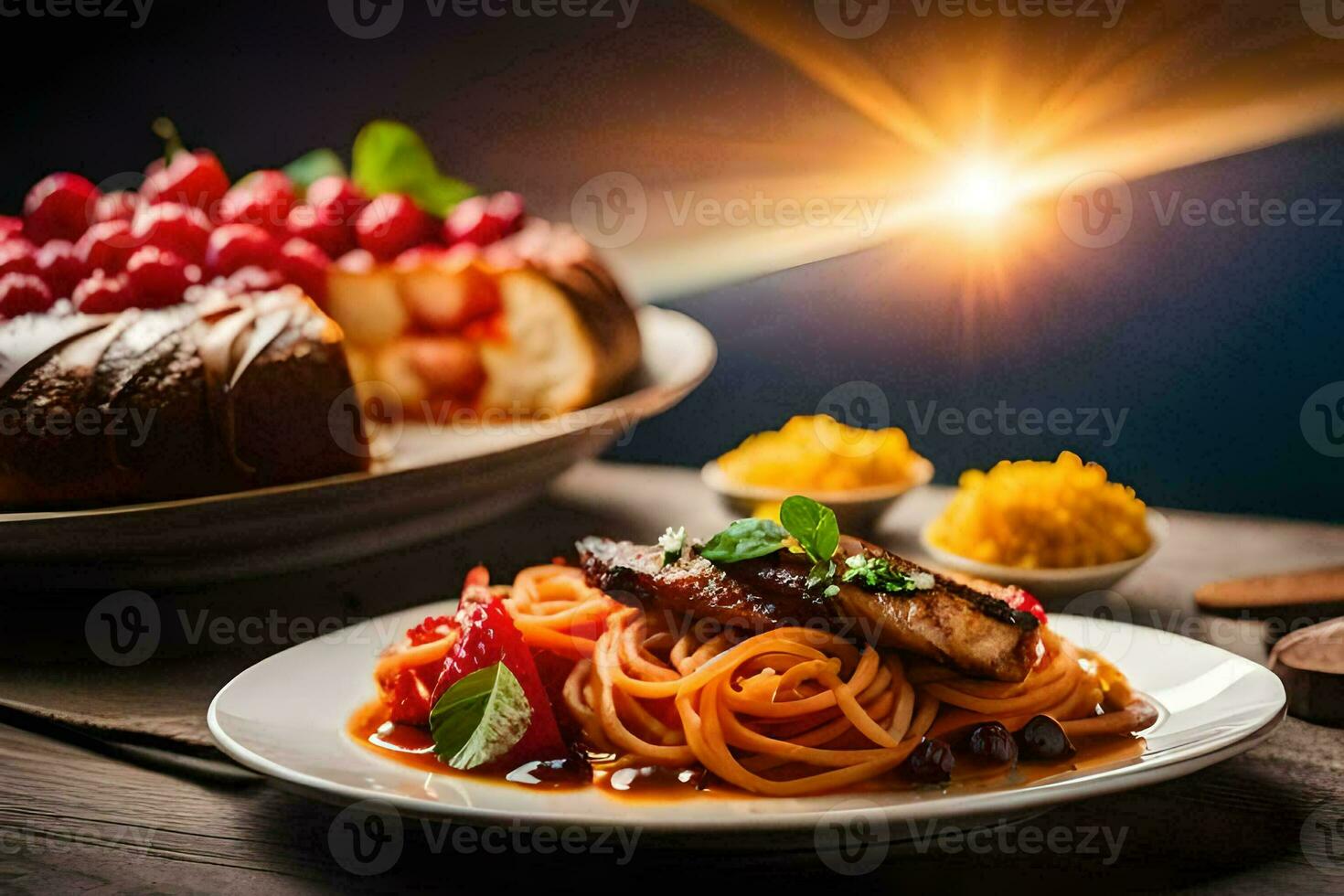 un' piatto di spaghetti e carne su un' tavolo con un' sole nel il sfondo. ai-generato foto