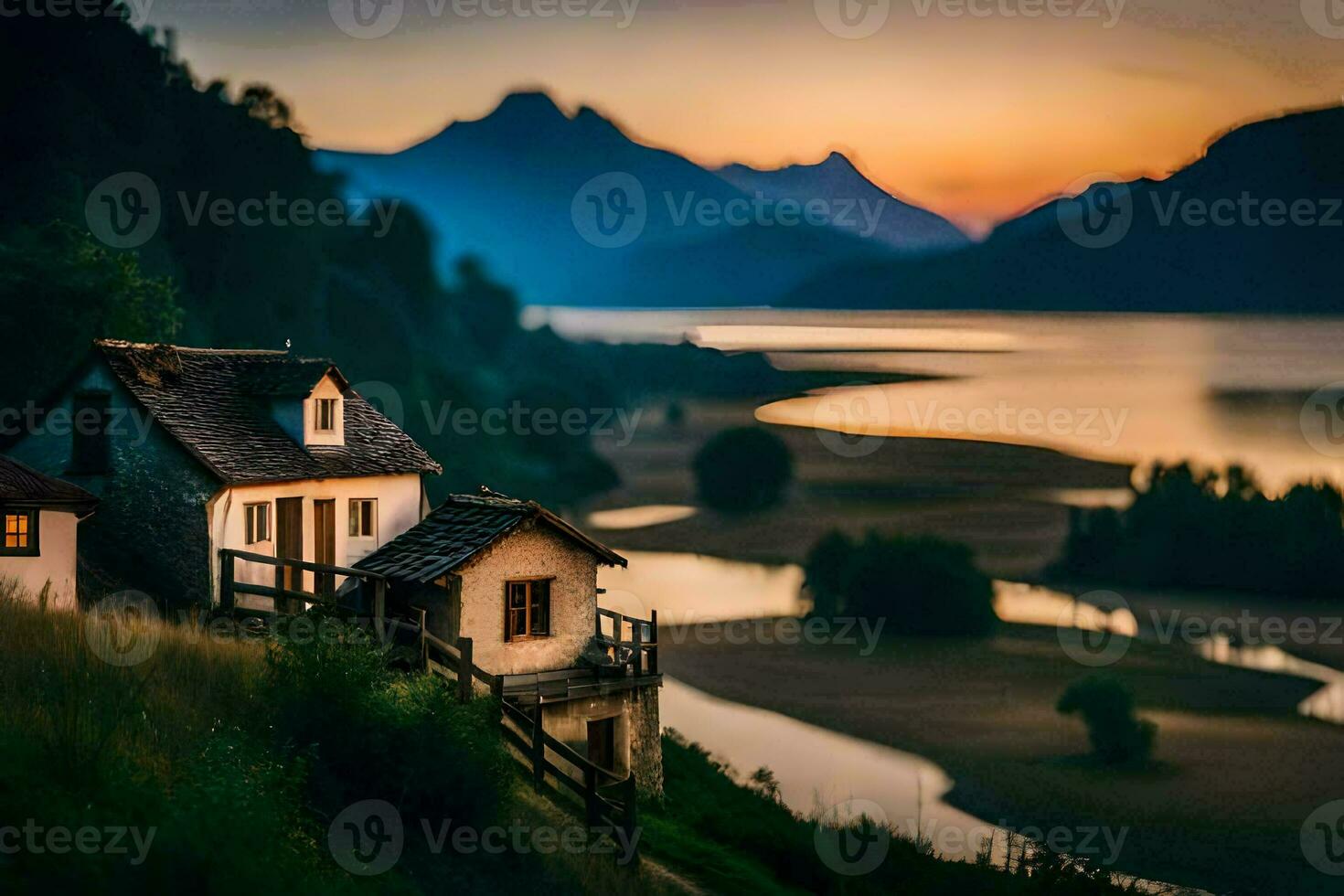 foto sfondo il cielo, montagne, lago, Casa, il tramonto, il montagne, il lago. ai-generato