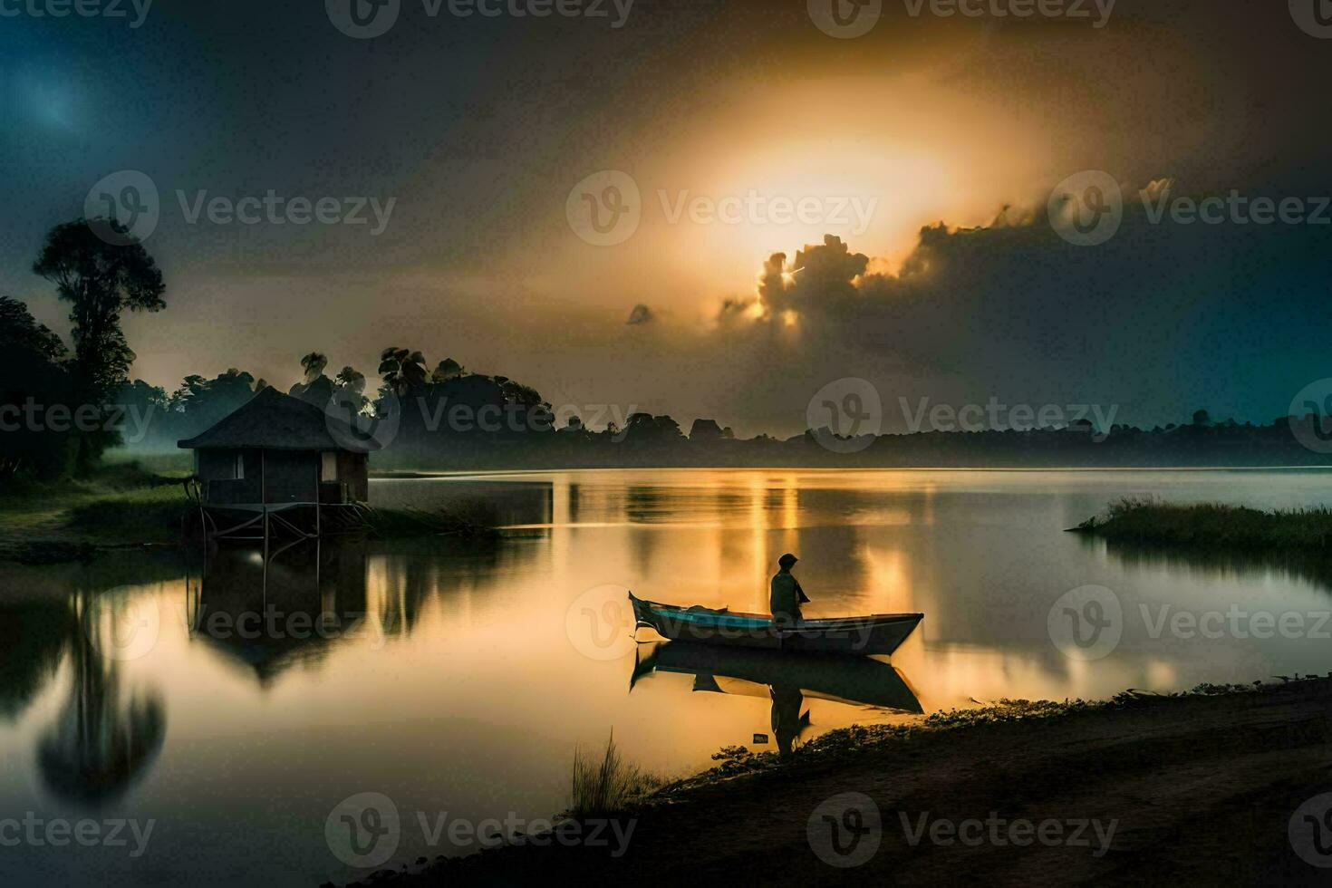 il barca è galleggiante su il acqua a tramonto. ai-generato foto