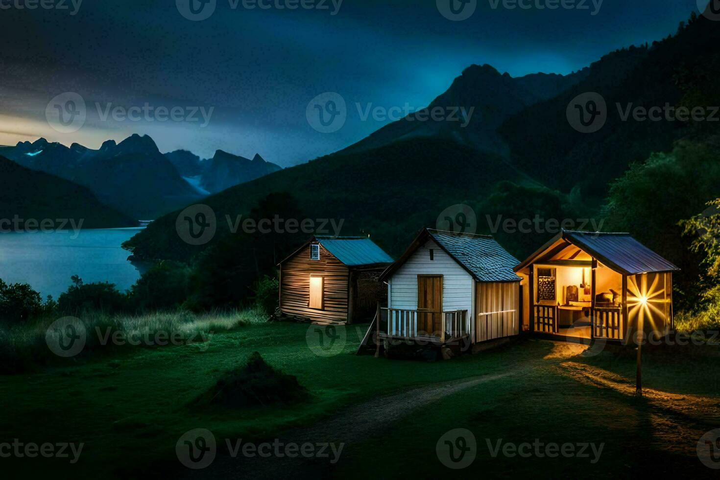 Due piccolo di legno cabine sedersi su il erba vicino un' lago. ai-generato foto