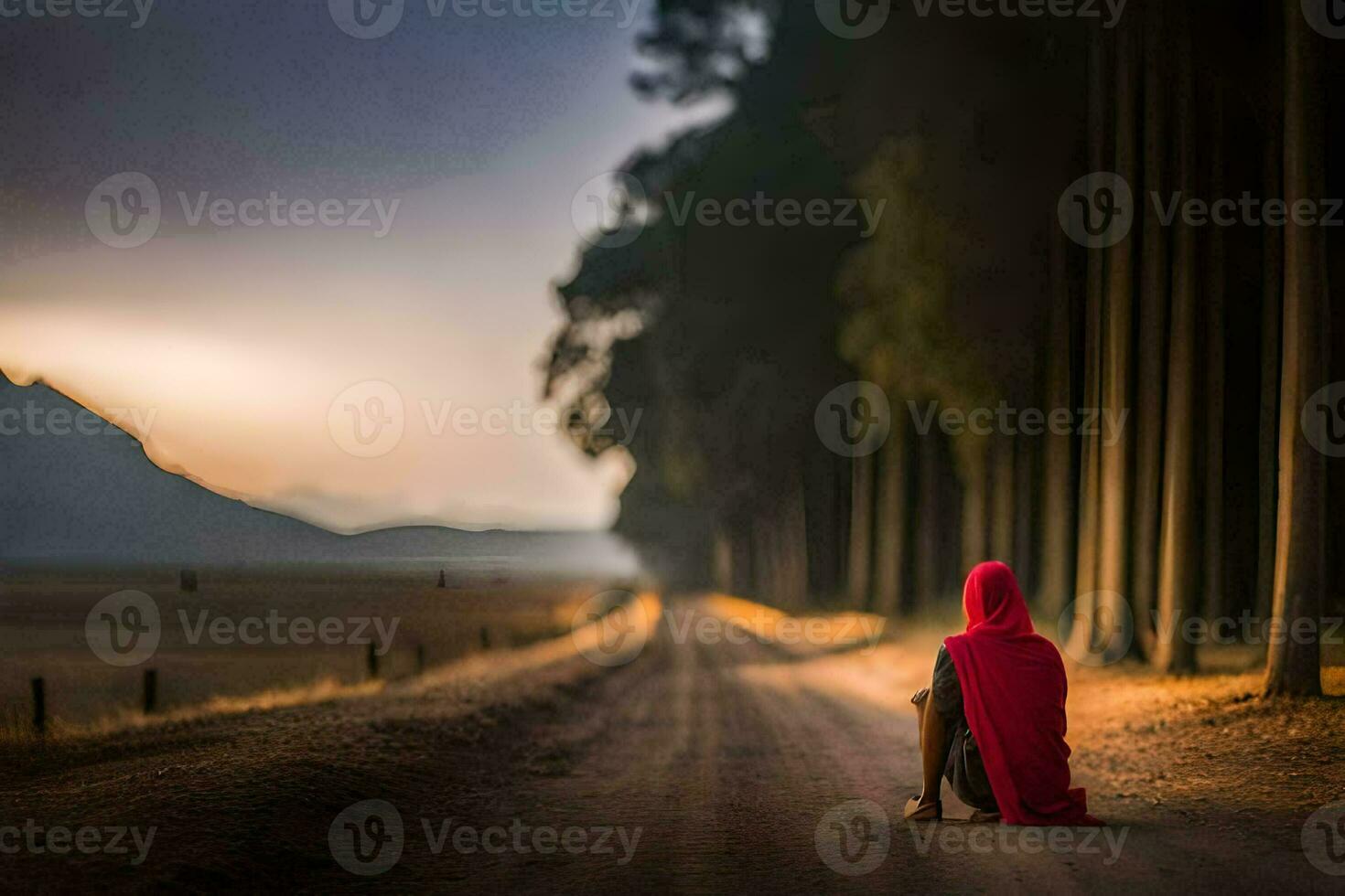 un' donna nel un' rosso mantello si siede su il lato di un' strada. ai-generato foto