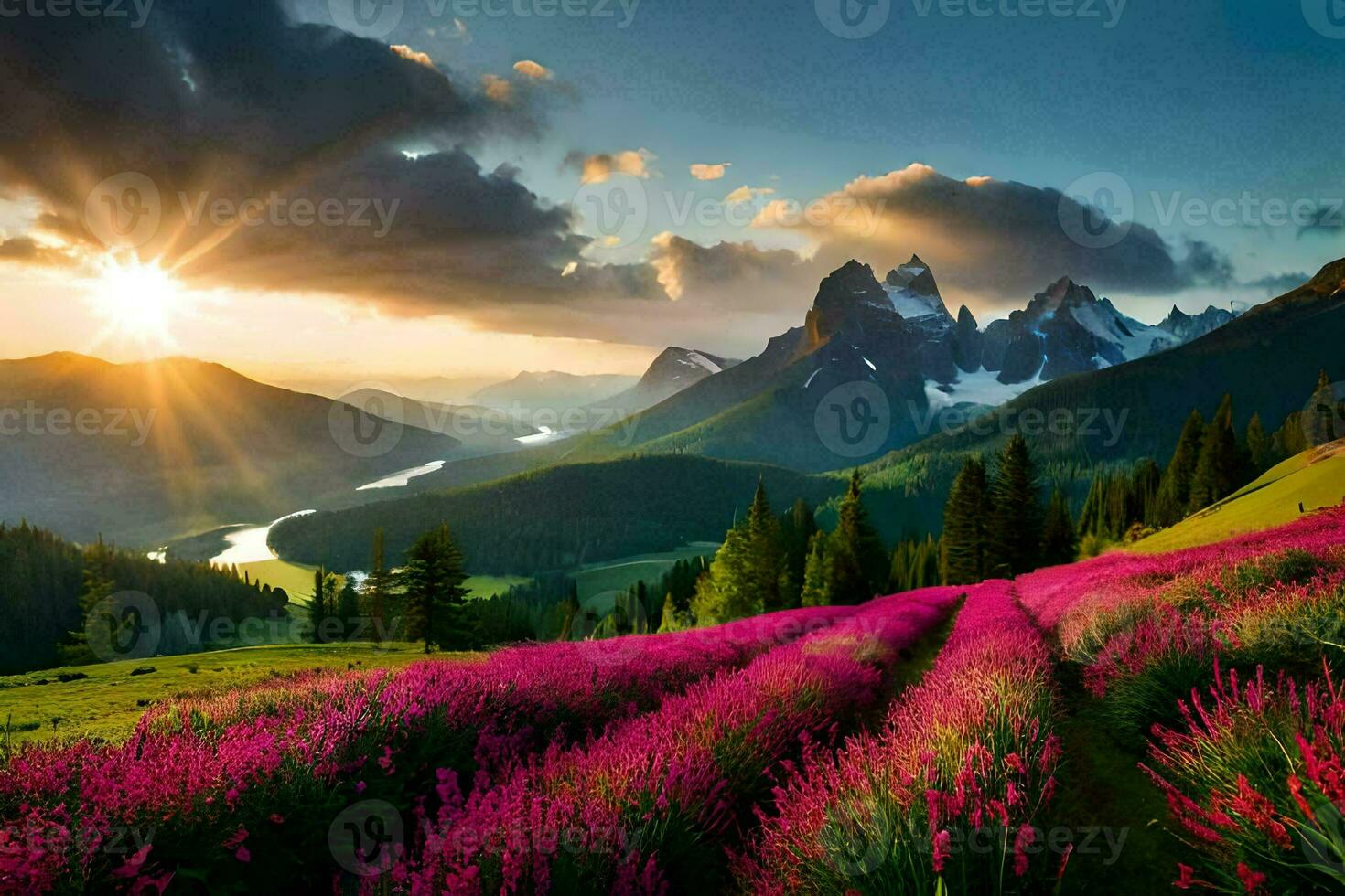 il sole sorge al di sopra di il montagne e fiori nel il primo piano. ai-generato foto