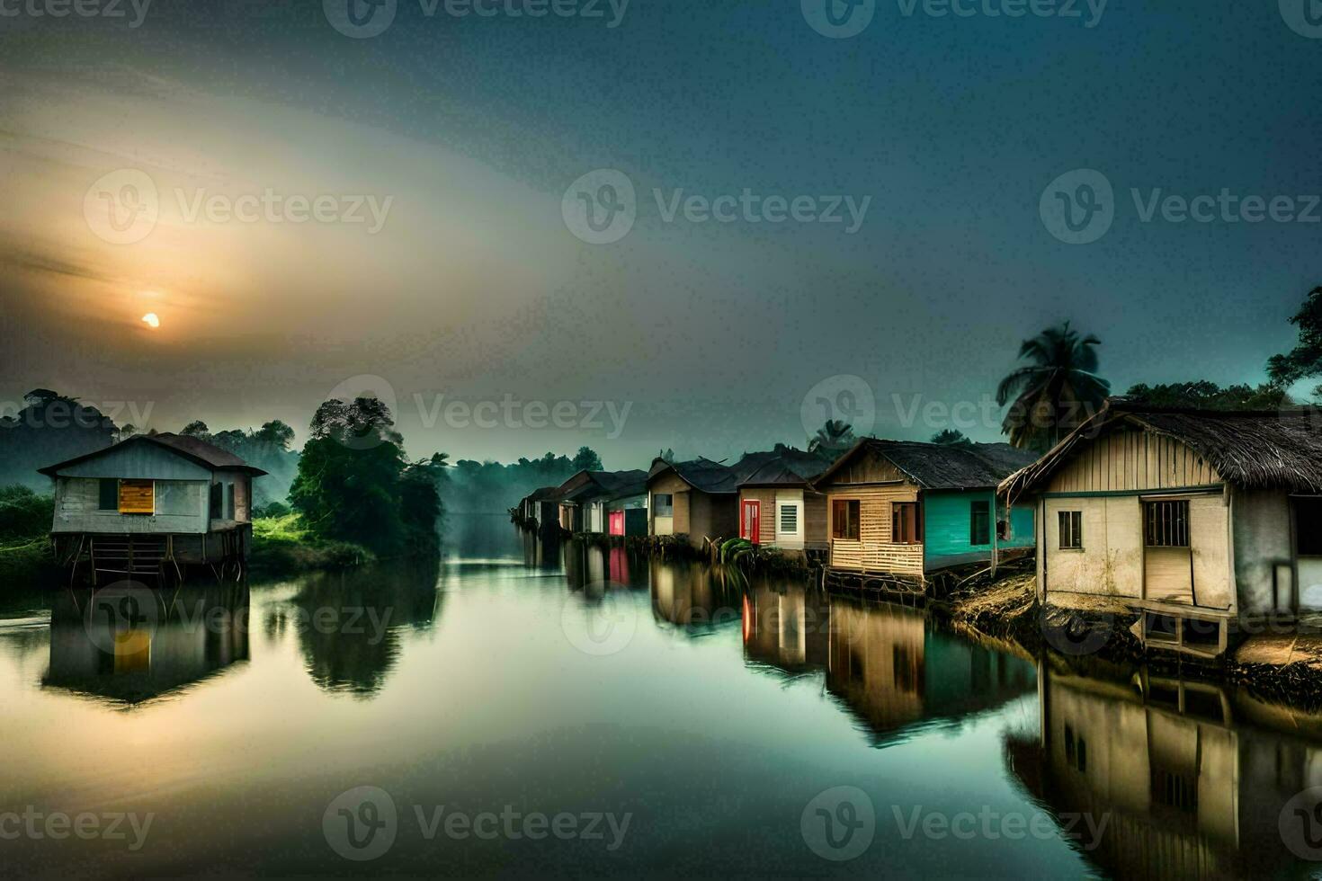 un' fiume con case su esso a tramonto. ai-generato foto