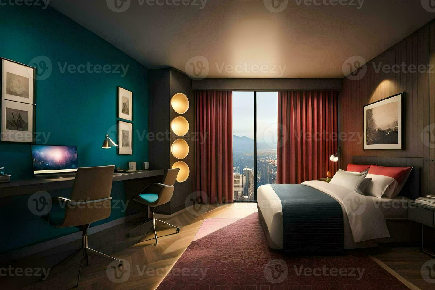 un' moderno Hotel camera con un' scrivania e un' letto. ai-generato foto