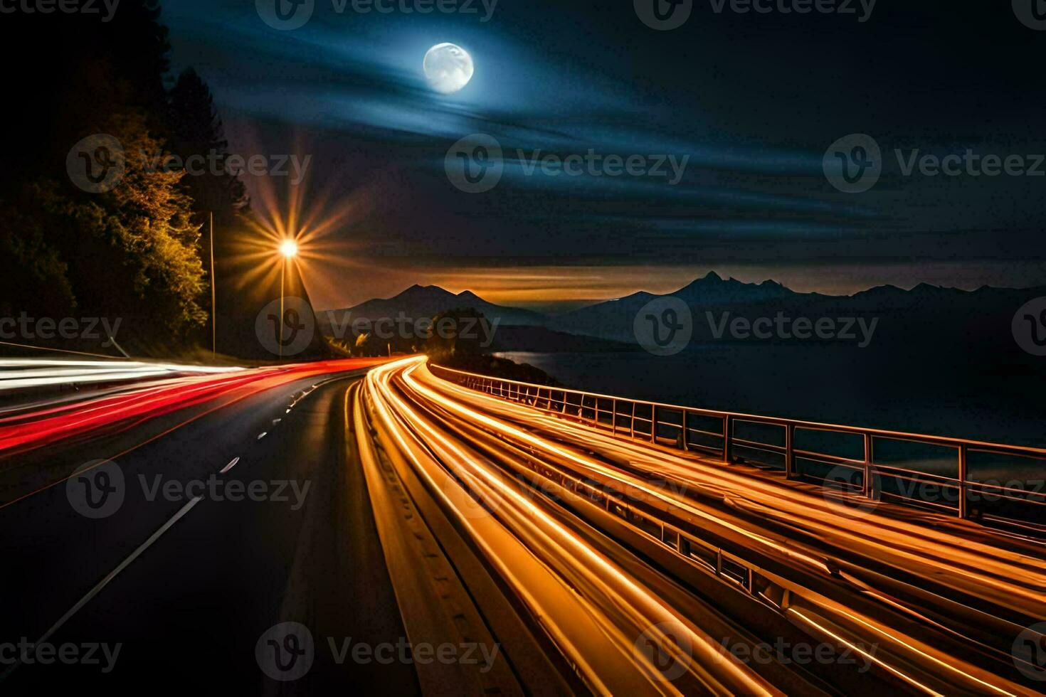 un' lungo esposizione foto di un' autostrada a notte con un' pieno Luna. ai-generato