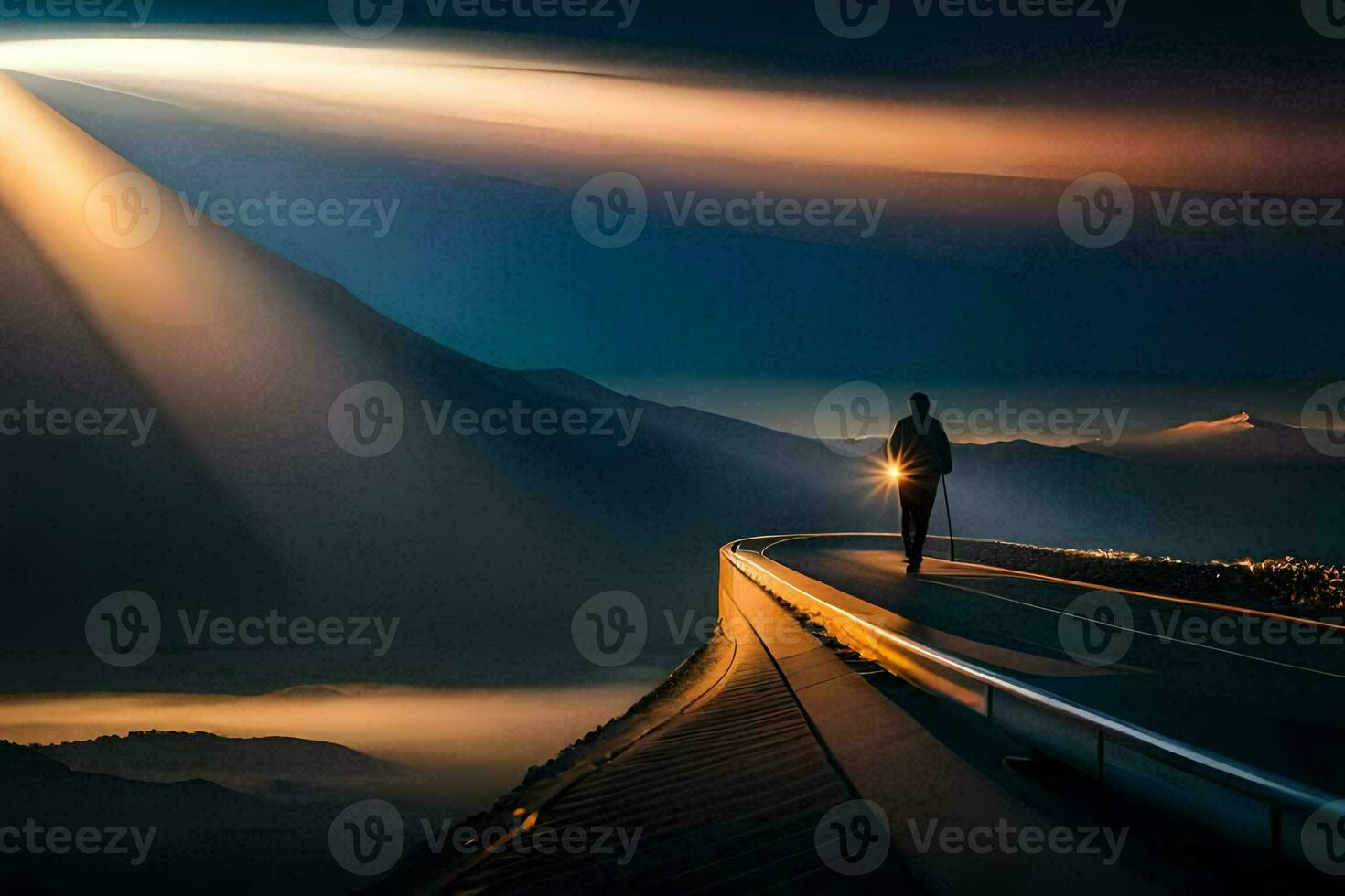 un' uomo passeggiate lungo un' strada nel il montagne. ai-generato foto