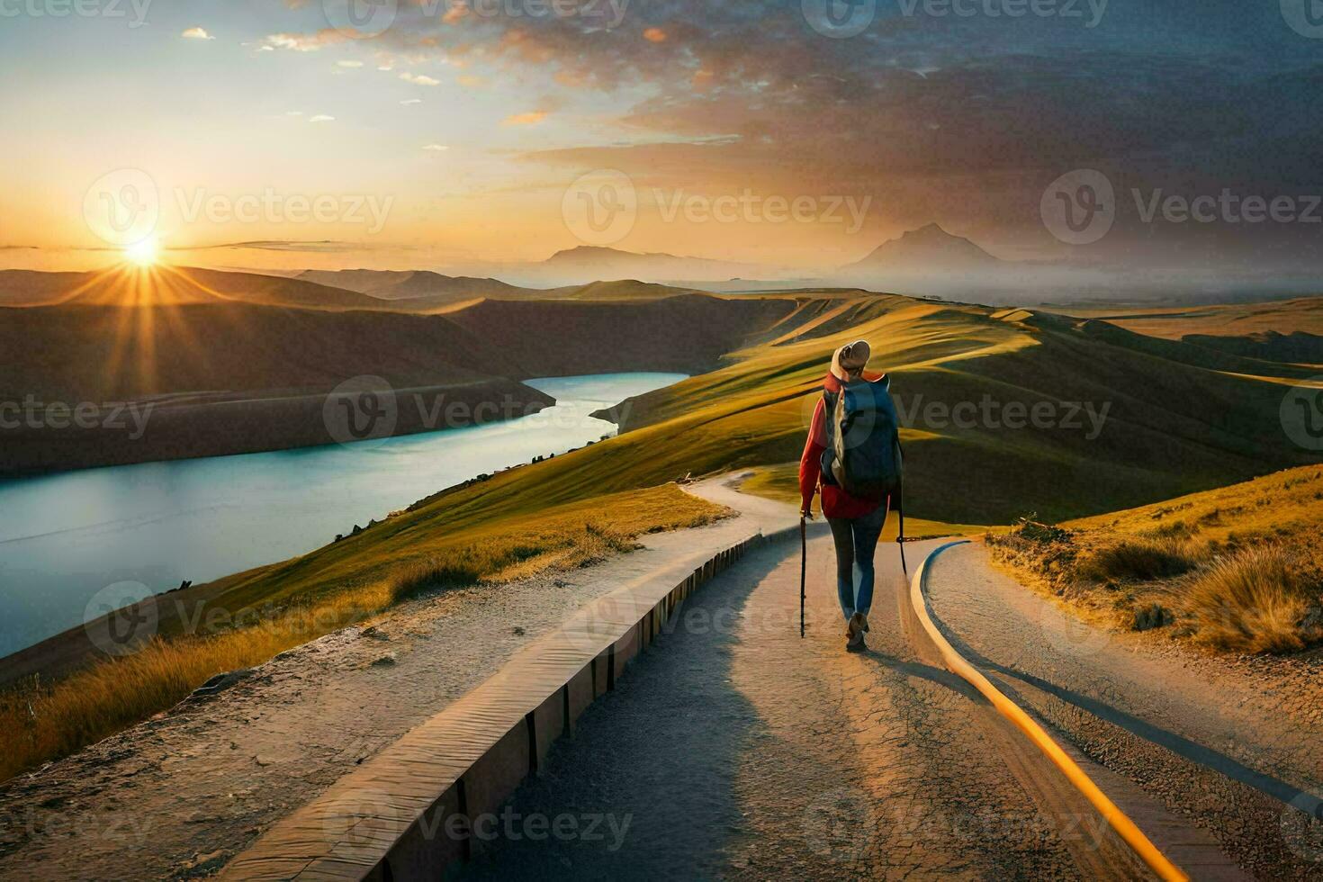 il donna è a piedi su il strada nel il tramonto. ai-generato foto
