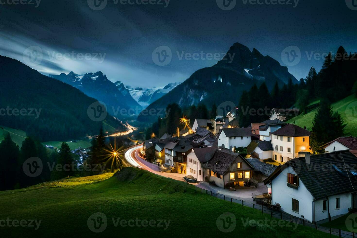 un' villaggio nel il montagne a notte. ai-generato foto