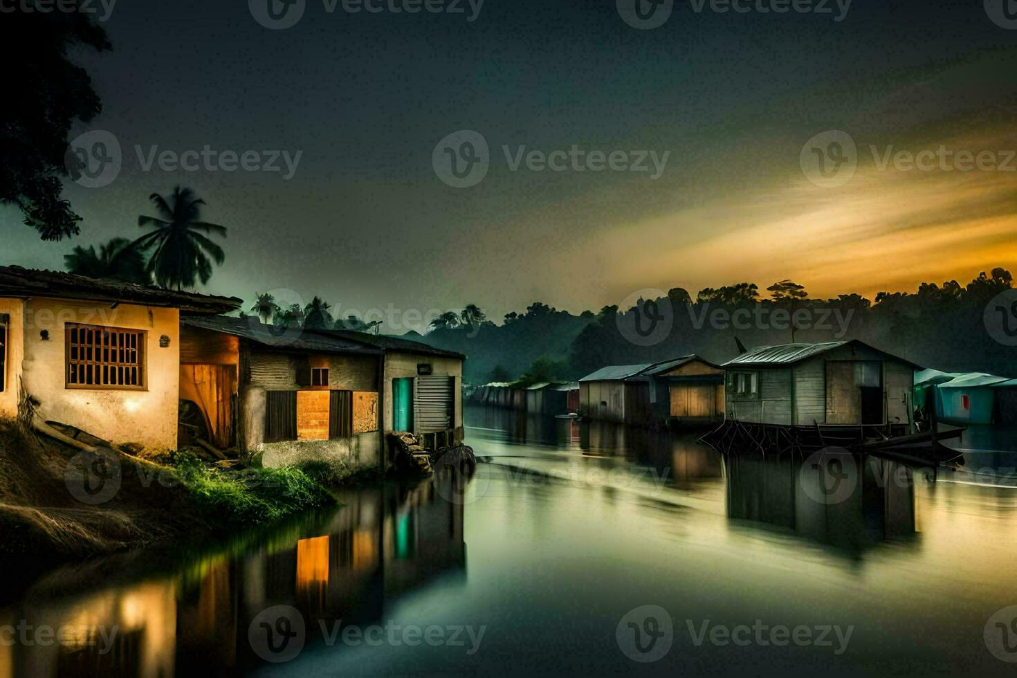 un' fiume nel il mezzo di un' villaggio a tramonto. ai-generato foto