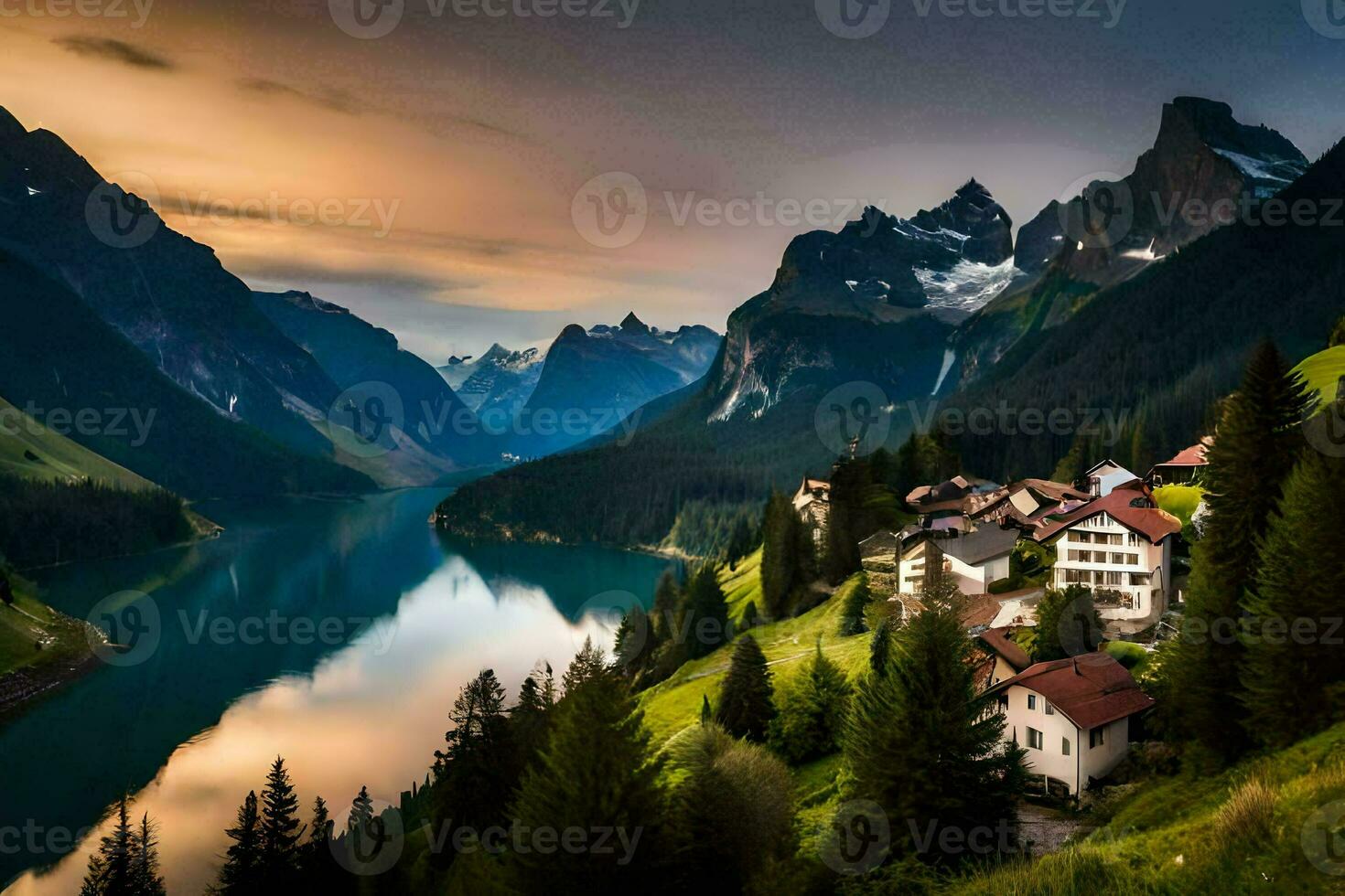 un' lago e montagna villaggio nel il Alpi. ai-generato foto