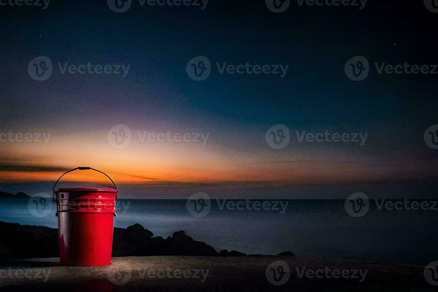 un' rosso secchio seduta su il spiaggia a notte. ai-generato foto