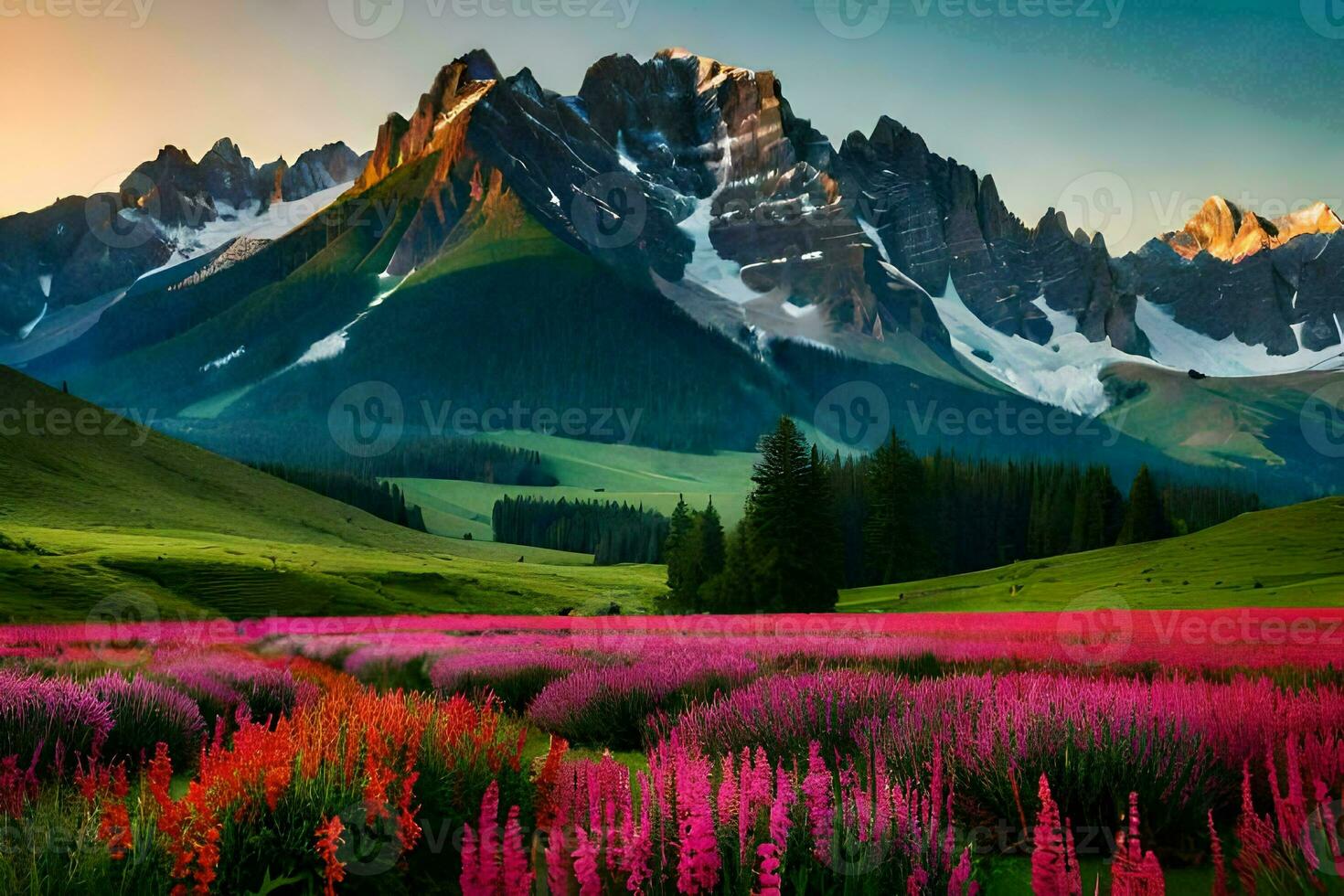 il montagne siamo coperto nel rosa fiori e il sole è splendente su il fiori. ai-generato foto