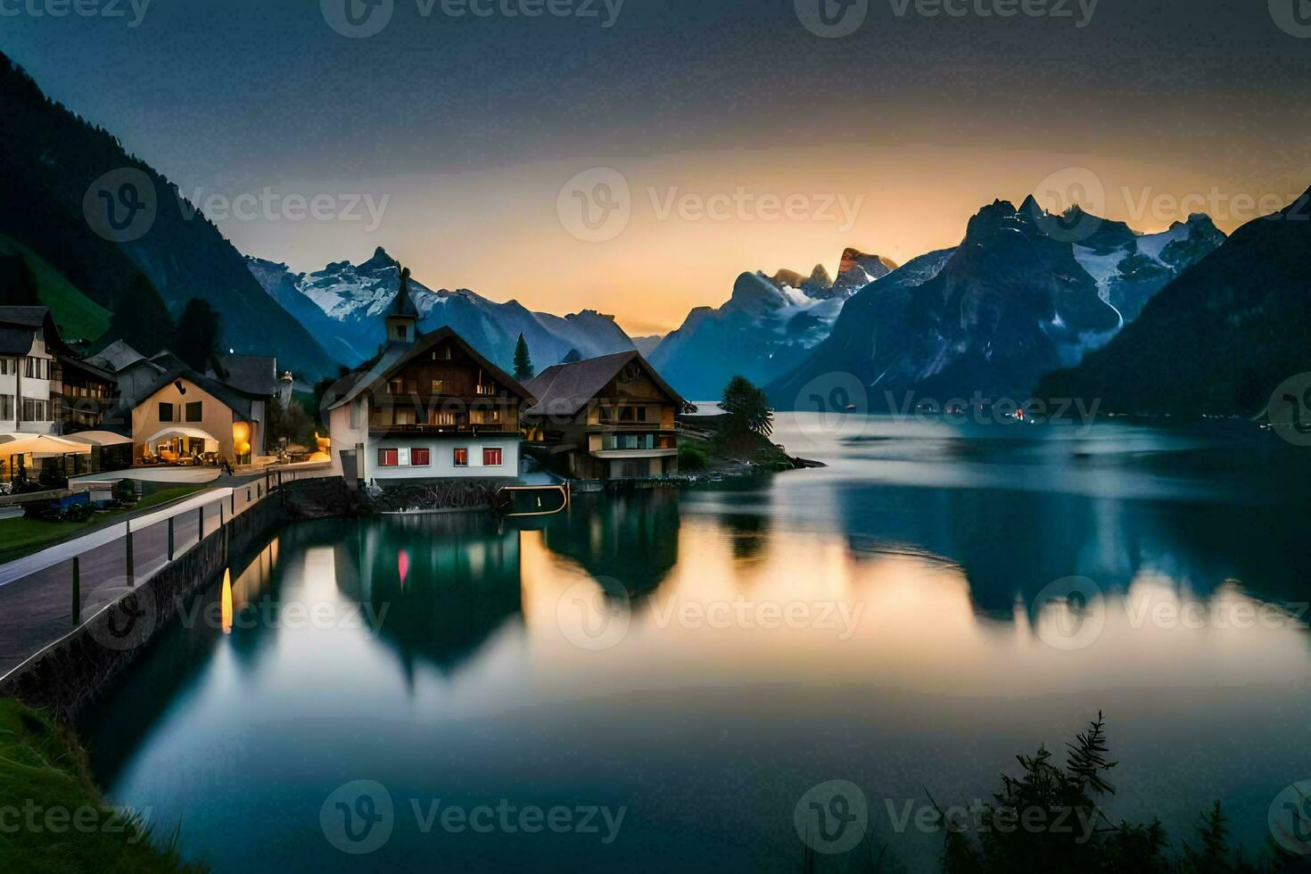 un' lago e montagna villaggio a tramonto. ai-generato foto