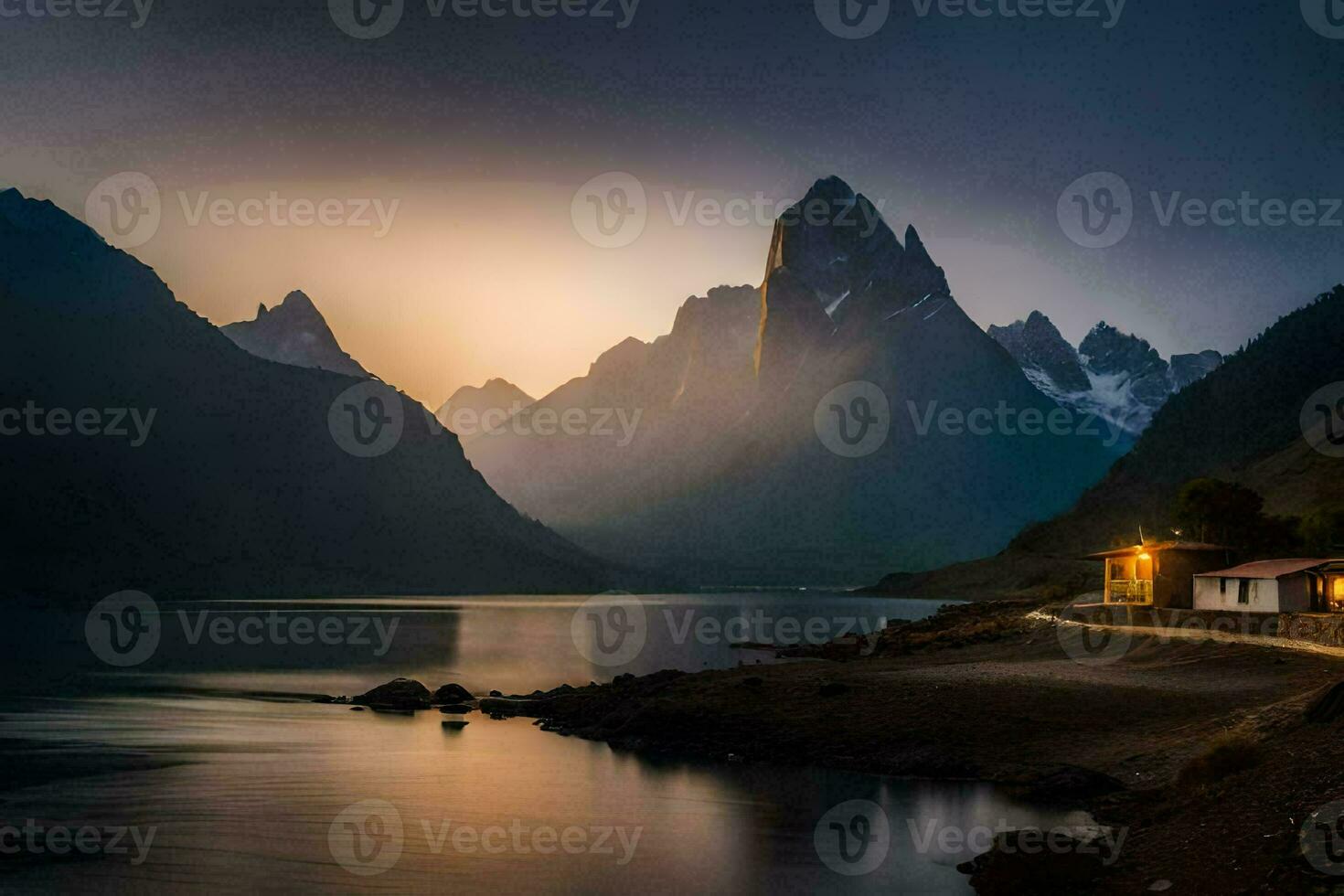 il Casa è su il riva di un' lago a tramonto. ai-generato foto