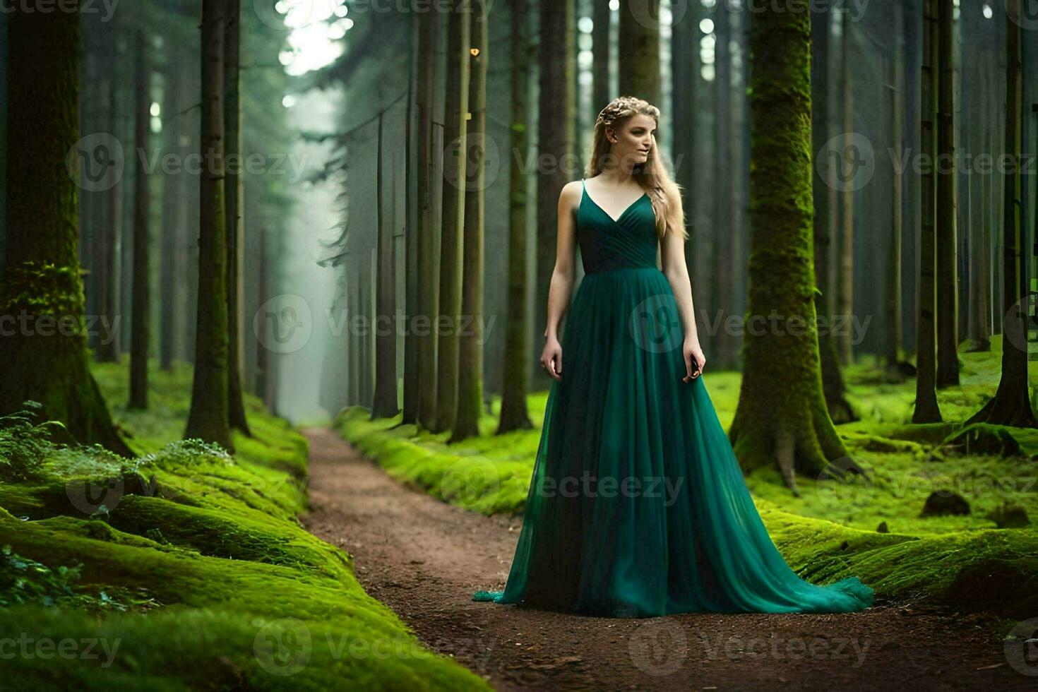 bellissimo donna nel verde vestito in piedi su un' sentiero nel il foresta. ai-generato foto