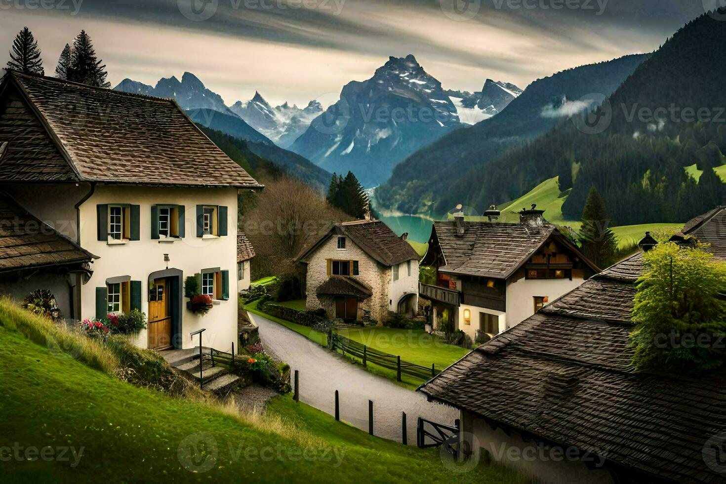 foto sfondo il cielo, montagne, Casa, strada, lago, Casa, Casa, casa,. ai-generato