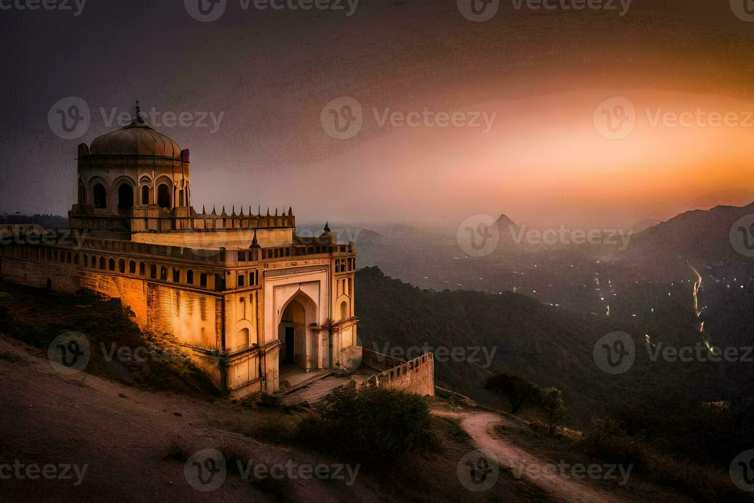 il tramonto al di sopra di il cima moschea nel India. ai-generato foto