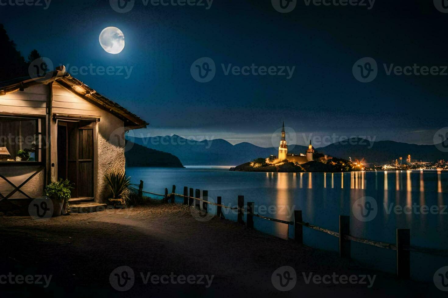 un' piccolo cabina su il riva di lago sanguinato. ai-generato foto