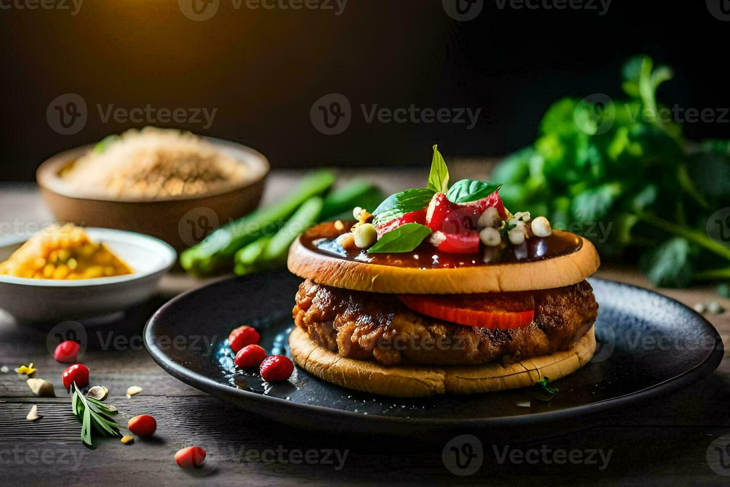 un' Hamburger con verdure e erbe aromatiche su un' piatto. ai-generato foto