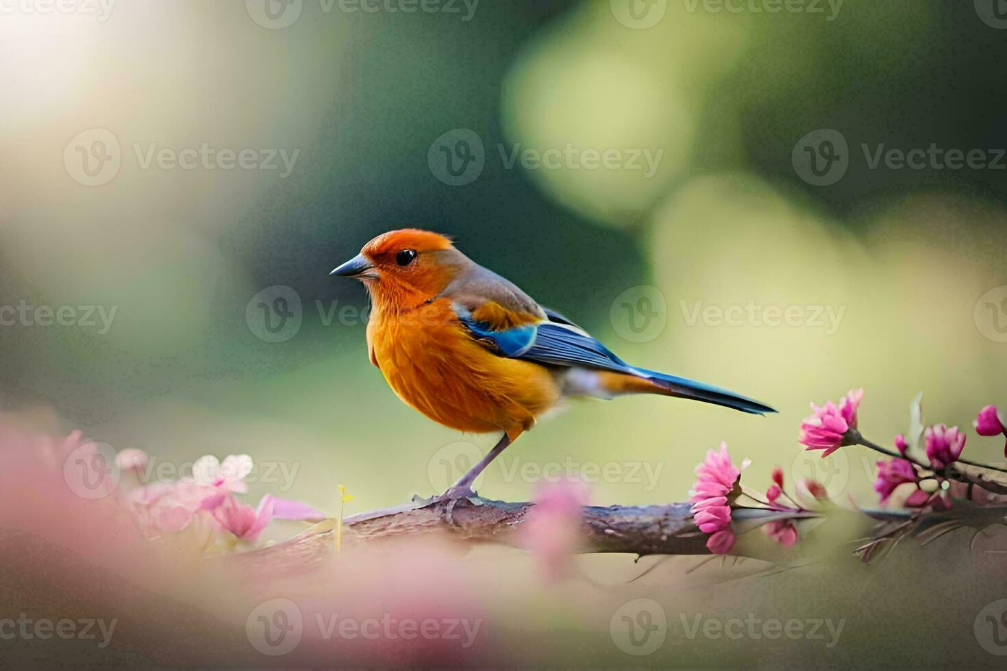 un' colorato uccello è seduta su un' ramo con rosa fiori. ai-generato foto