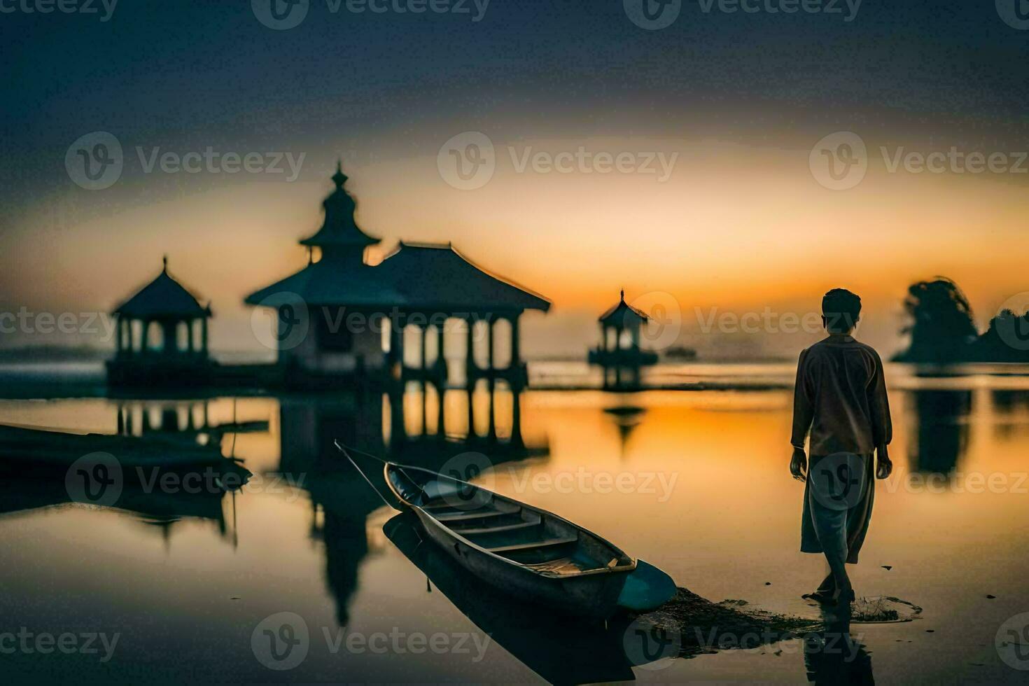 un' uomo sta nel il acqua a tramonto con un' barca. ai-generato foto