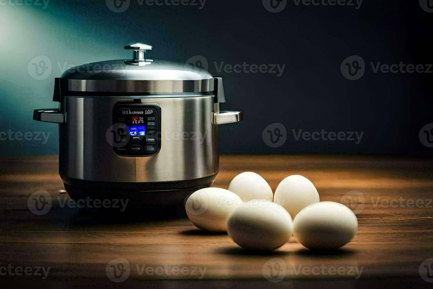 un elettrico pressione fornello con uova su un' tavolo. ai-generato foto