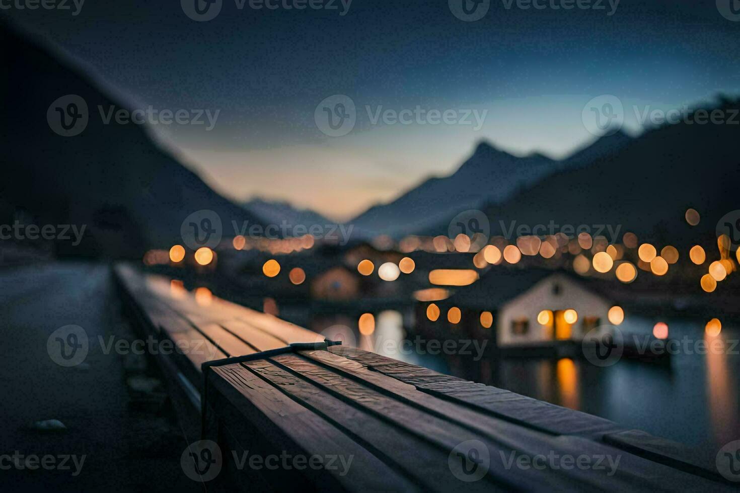 un' di legno panchina prospiciente un' lago a notte. ai-generato foto