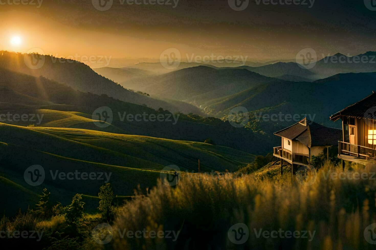 il sole sorge al di sopra di un' montagna gamma con un' cabina. ai-generato foto