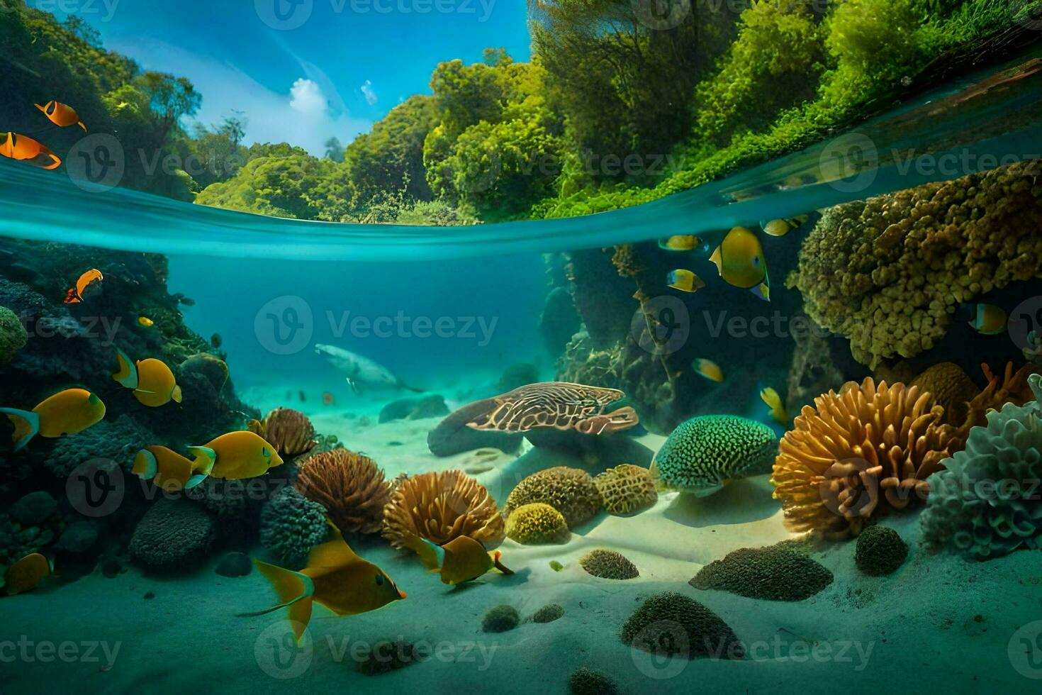 un' tropicale subacqueo scena con corallo barriere e pesce. ai-generato foto