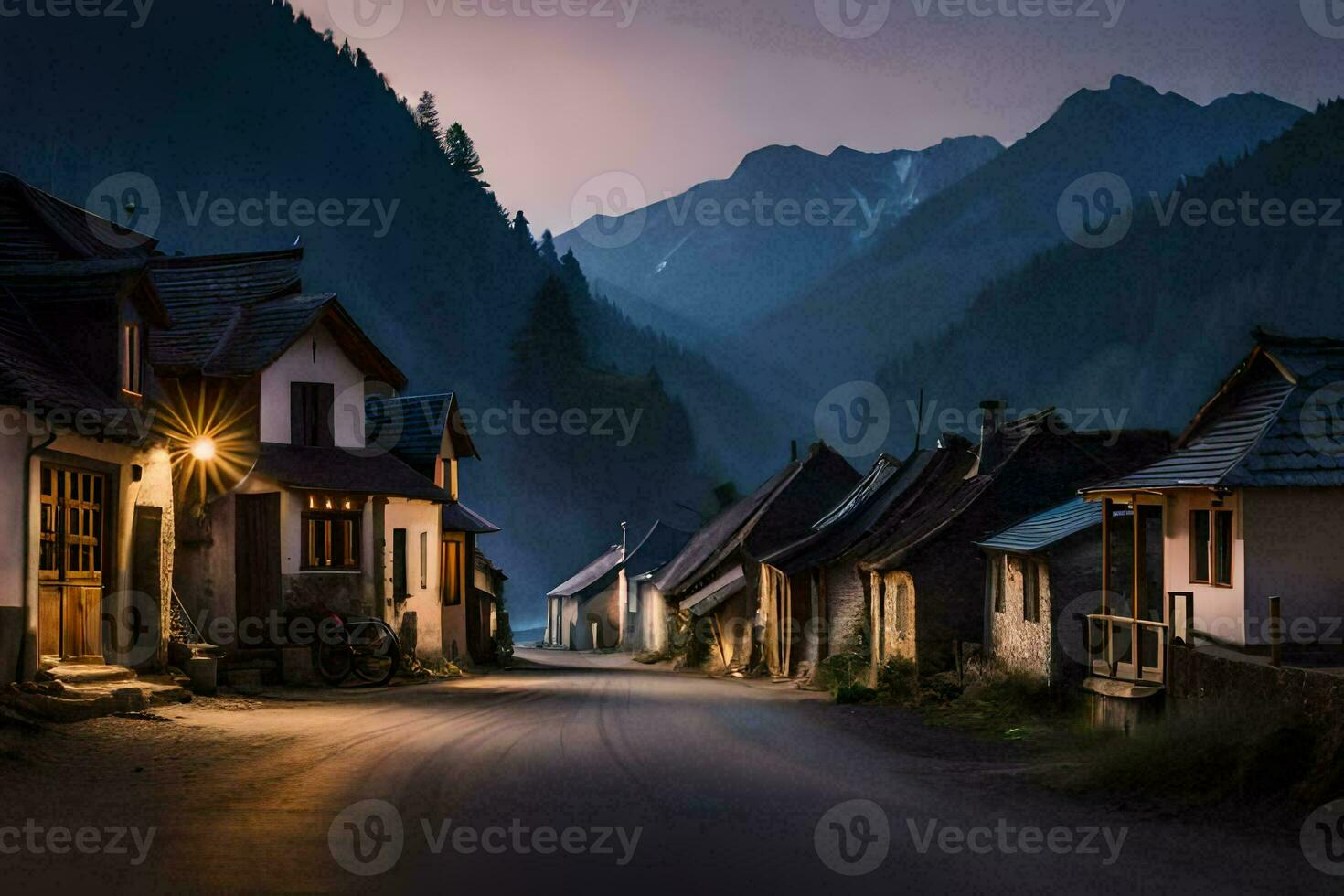 foto sfondo il cielo, montagne, strada, il villaggio, il strada, il villaggio, il. ai-generato