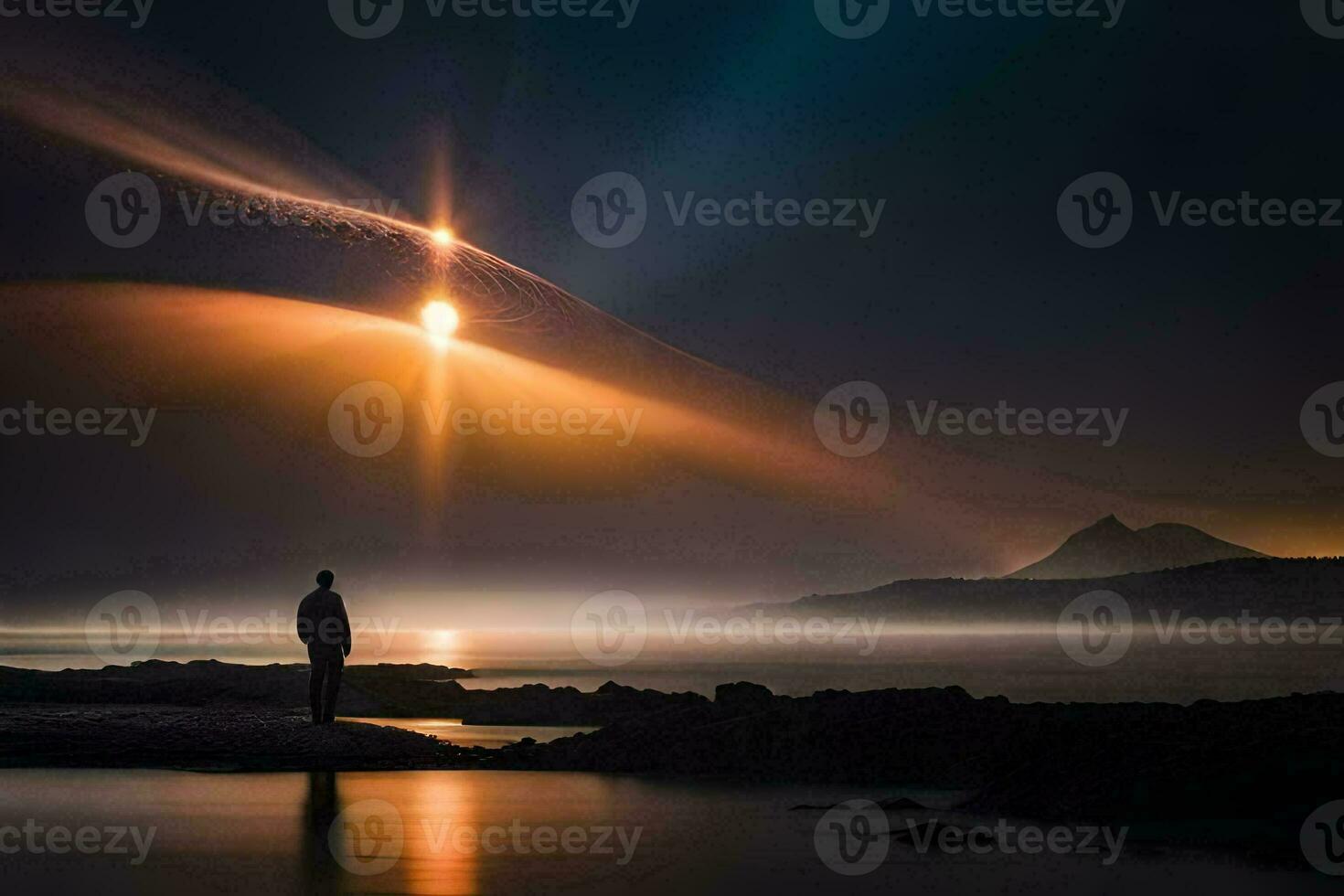 un' uomo in piedi su il riva guardare a il sole. ai-generato foto