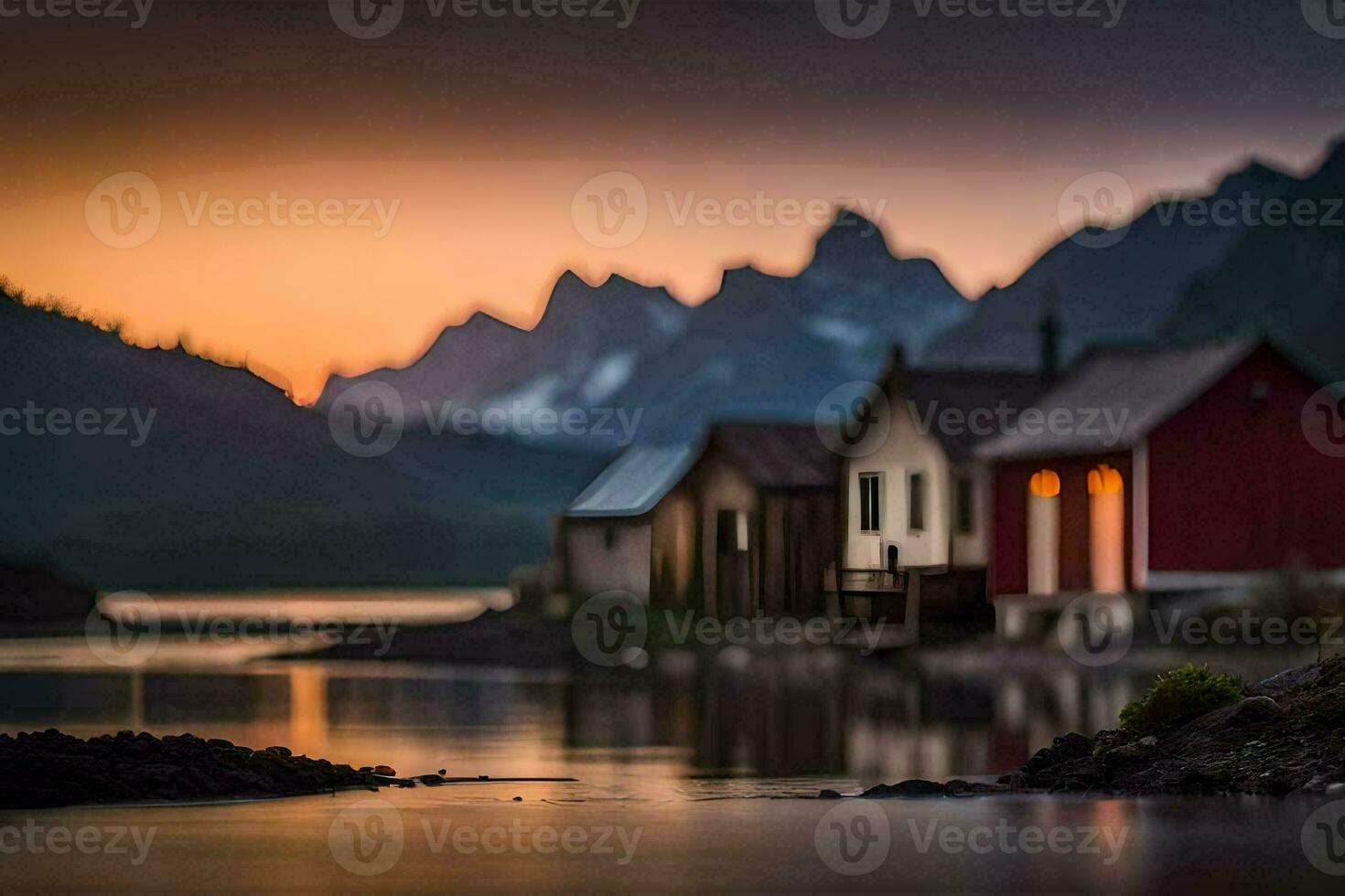 un' piccolo cittadina con case su il riva di un' lago. ai-generato foto