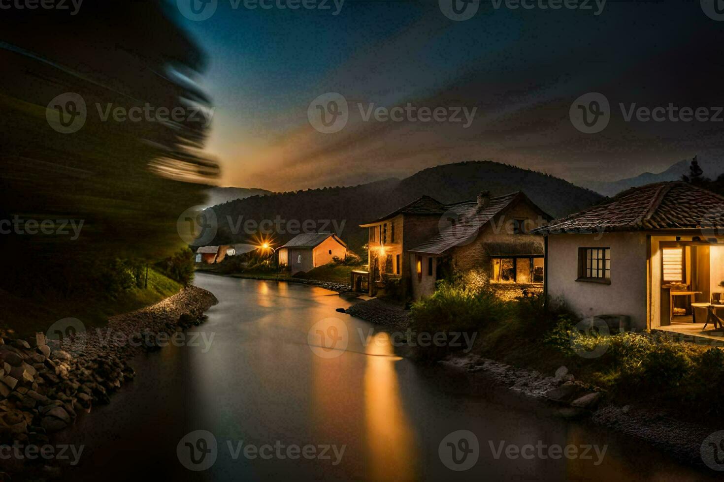 un' fiume corre attraverso un' villaggio a notte. ai-generato foto