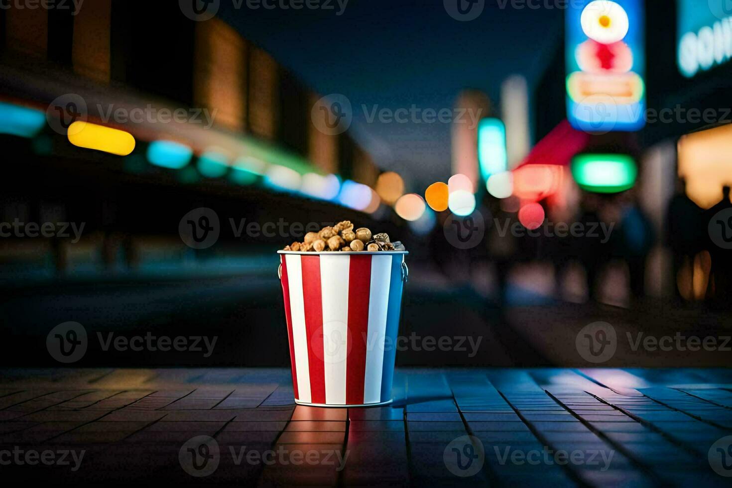 un' rosso e bianca a strisce secchio di Popcorn seduta su il strada. ai-generato foto