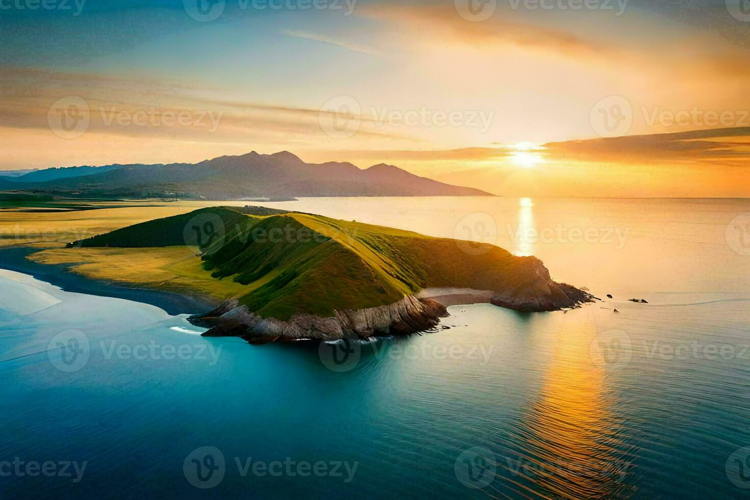 il sole imposta al di sopra di un isola nel il mezzo di il oceano. ai-generato foto